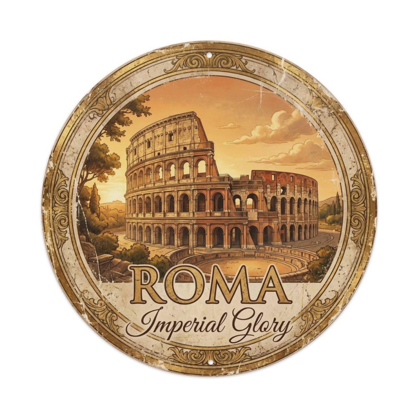 Vintage Travel Colosseum Roman Glory Metal Tin Sign Plaque Wall Decor for Cafe, Club, Garden Round Metal Poster 8x8Inch