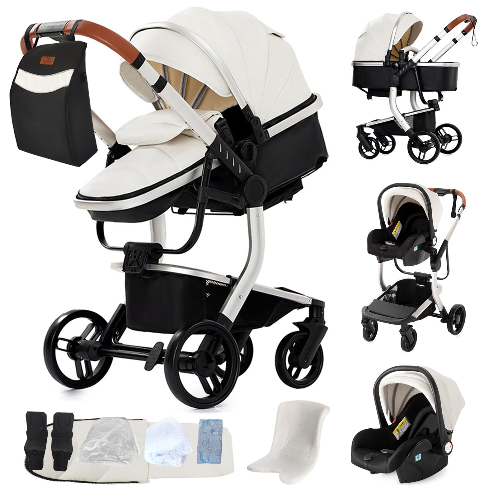 MoLi PU-Leder Kinderwagen 3 in 1, Kombikinderwagen mit Umkehrbarem Doppelschiebemodus, Aluminiumlegierung Rahmen Faltbar