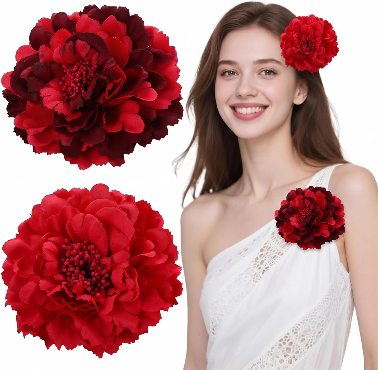 2 sztuki kwiatów flamenca do włosów (czerwone i bordowe), 11 cm flamandzki kwiat z klipsem i broszką, akcesoria flamenca damskie na kwietniowe targi, sewillanę i taniec flamenco, sztuczne goździki