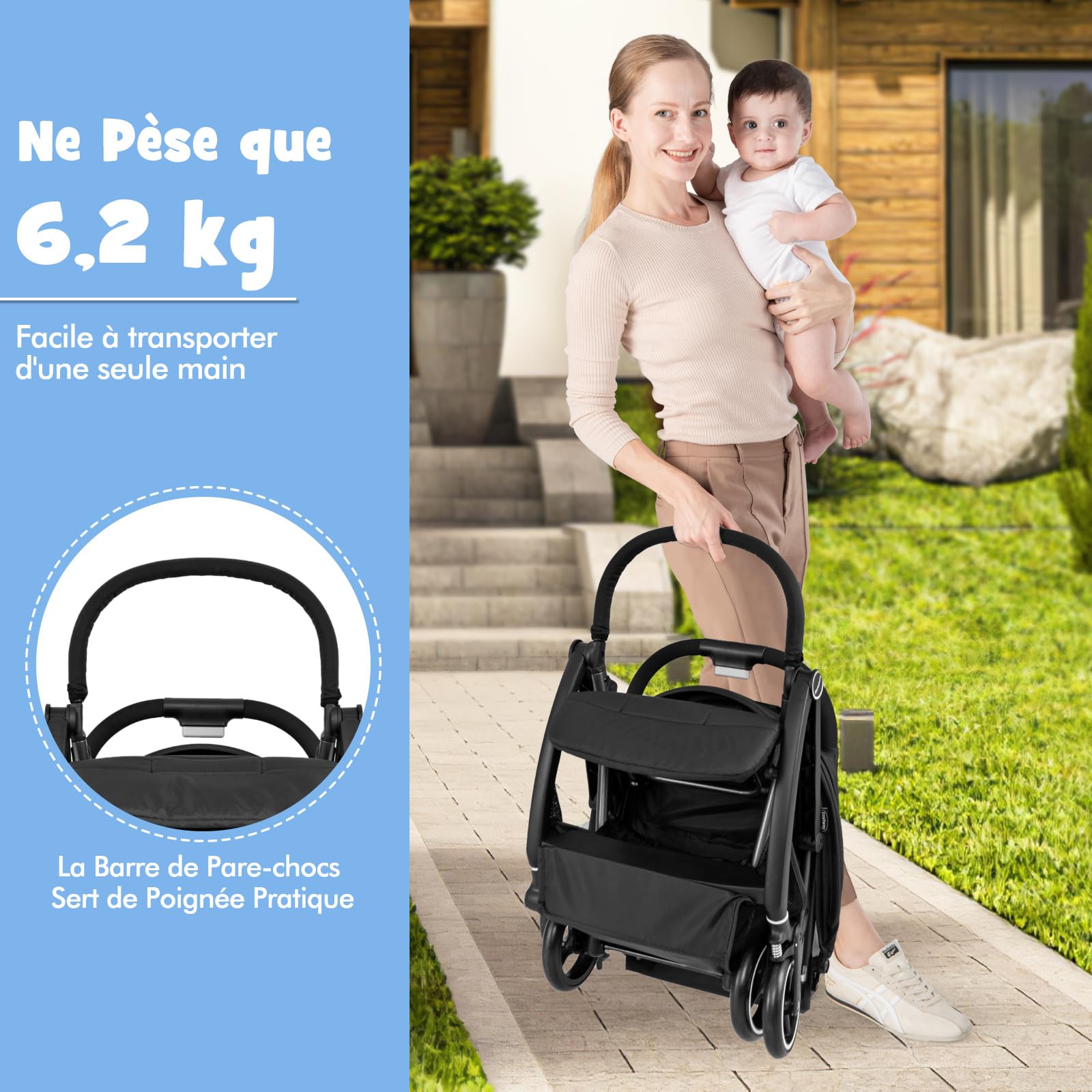 DREAMADE Poussette Canne, Légère 6,2 KG, 0-36 Mois, Poussette Ultra Compact Bébé Pliable à Une Main (Noir)