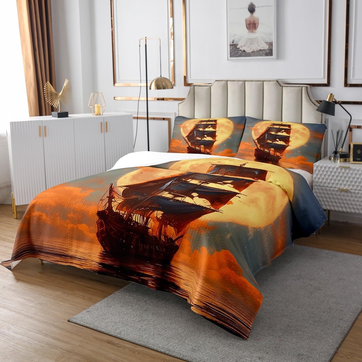 Erosebridal Nautical Theme Kids Coverlet Set Ocean Sailboat King Quilt Set for Boys Girls Bedroom Decor,Coastal Sunset Bedspread Set Retro Sailing Ship Bedding Set