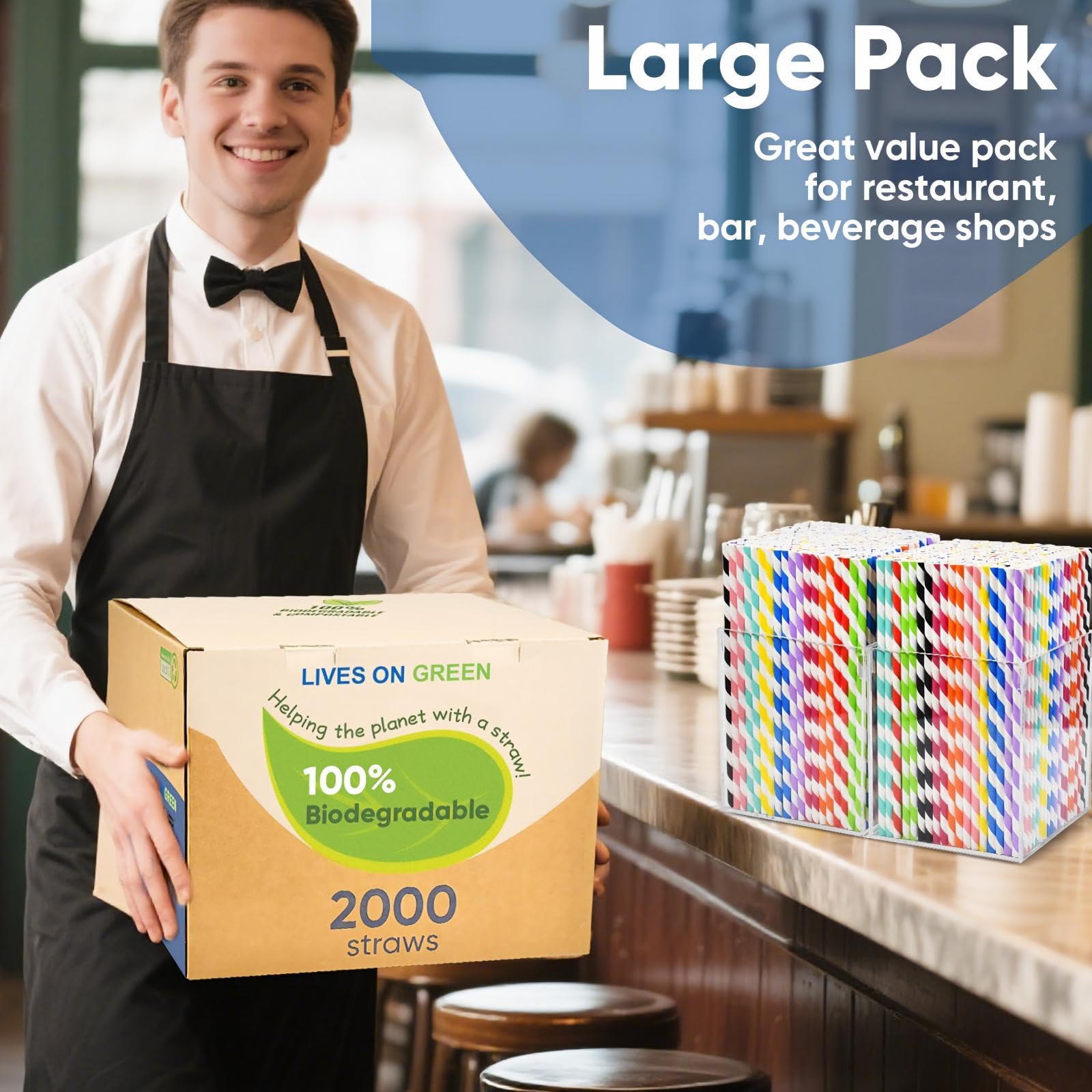 Pajitas de papel desechables de 7.75 pulgadas a granel, 2000 unidades, 10 colores surtidos, ecológicos y compostables, para cócteles, fiestas de vacaciones, restaurantes, suministros de