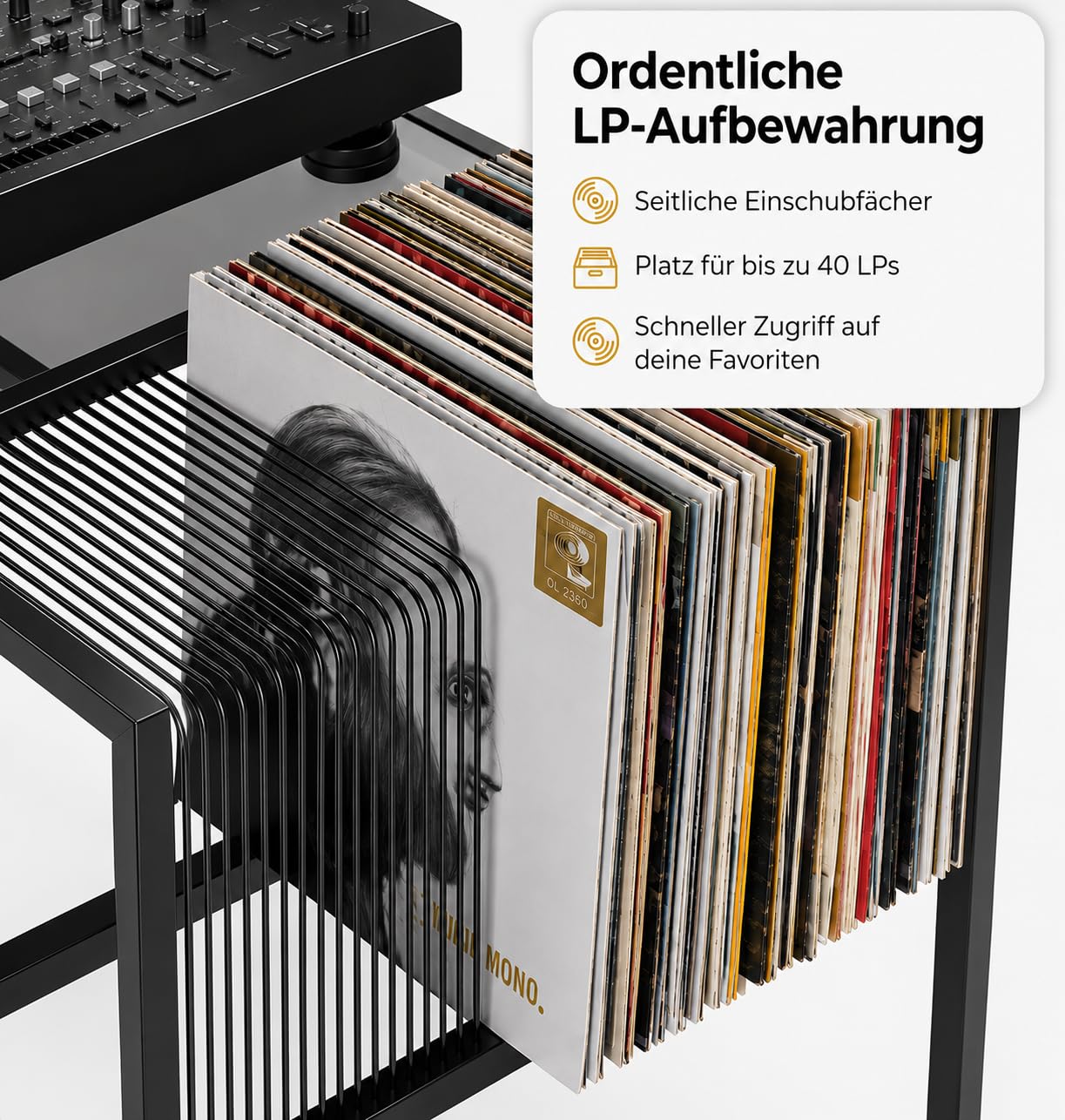Zomo Pura One Plattenspieler Regal - 790 x 460 x 950 mm - Schwarz - Schallplattenständer für bis zu 40 LPs - Pulverbeschichteter Stahl & getöntes Glas