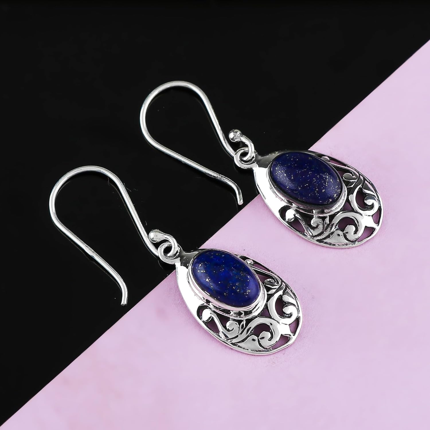 925 Sterling Silver Dainty Earrings for Women, Natural Lapis Lazuli Gemstone, Handmade Jewelry, Chakra & Reiki Healing Crystals, Filigree Elegant Drop Earrings Christmas Gift for Her - Image 5