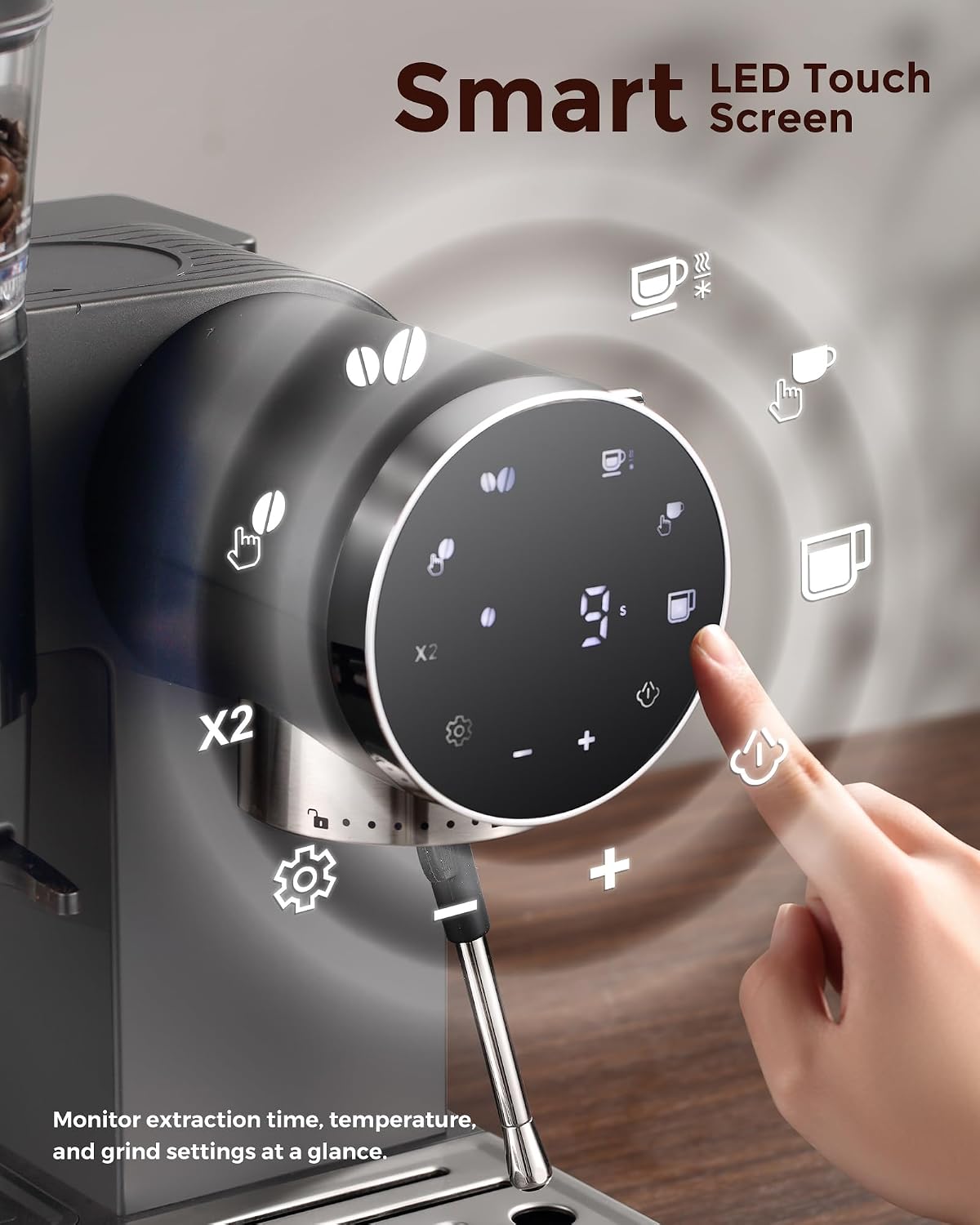 Smart LED Touch Screen on espresso machine