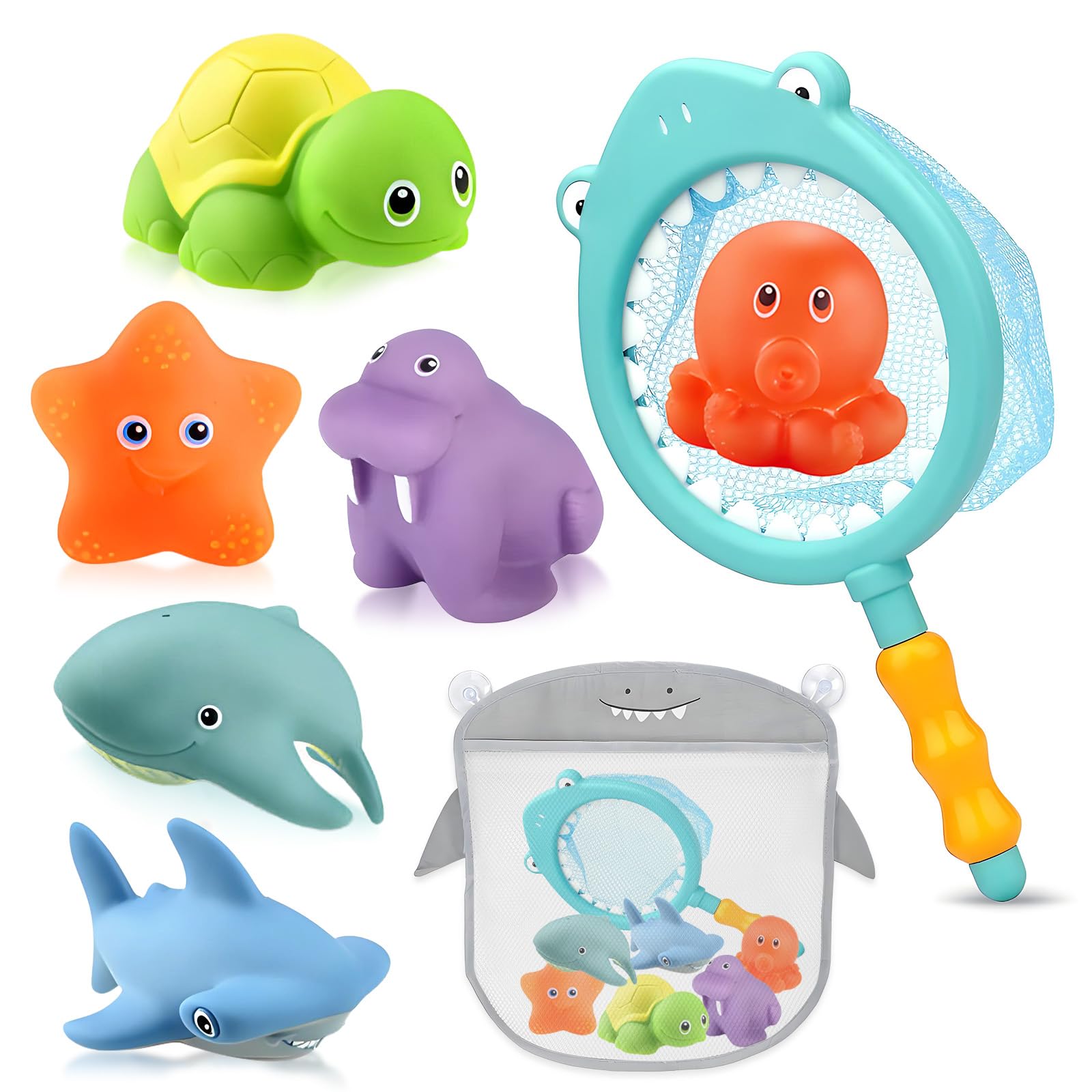 Giochi Bagnetto 8 Pezzi Giocattoli da Bagno per Bambini, Giochi Bagnetto Neonato, Giochi Vasca da Bagno Bambini Giochi Acqua Bagnetto Animali Giocattolo con Rete da Pesca e Borsa Portaoggetti