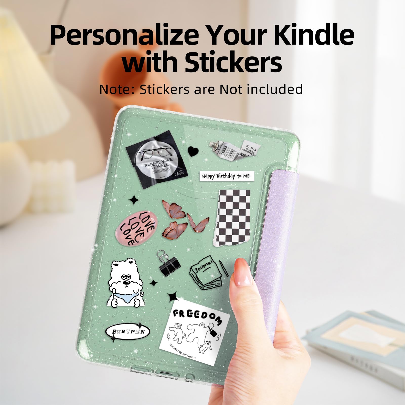 Glitzer-Schutzhülle für Kindle 11. Generation 2024/2022, 15,2 cm (6 Zoll), leichtes PU-Leder und transparente harte Rückseite, mit automatischer Sleep/Wake-Funktion, Glitzer-Violett