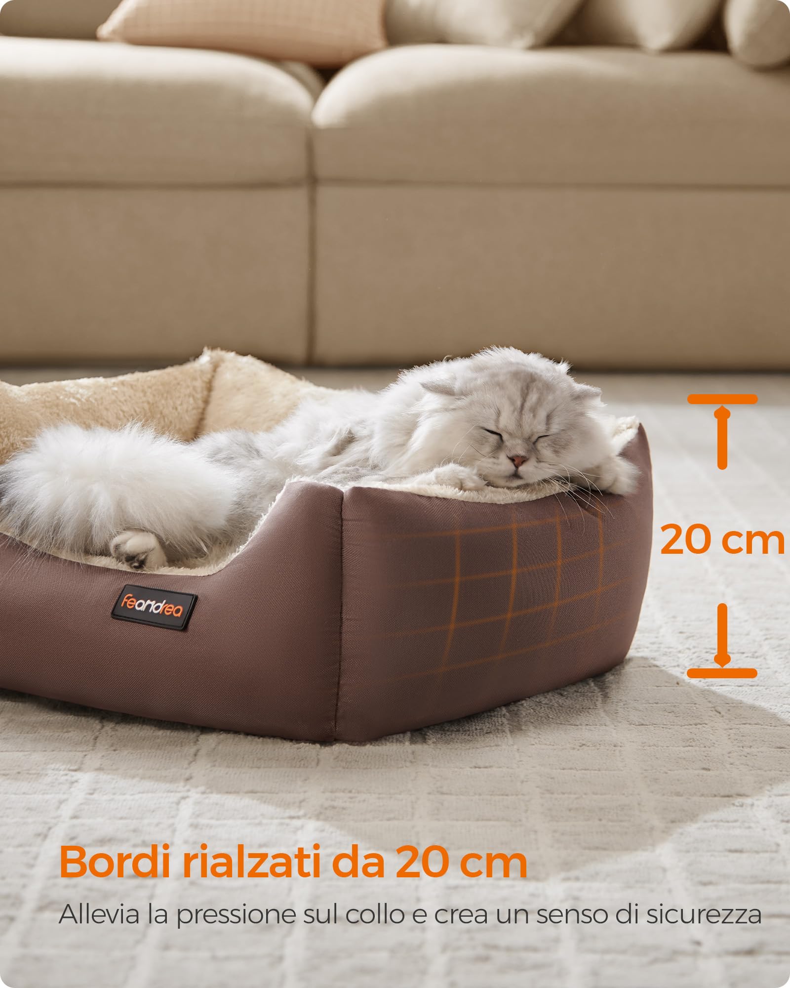 Feandrea Cuccia Cane Interno, Cuccia per Cani e Animale Domestico, Tappeto Rimovibile e Reversibile, Bordi Rialzati, Fondo Antiscivolo, S, 60 x 50 x 20 cm, Marrone Caffè e Beige Sabbia PGW001Z