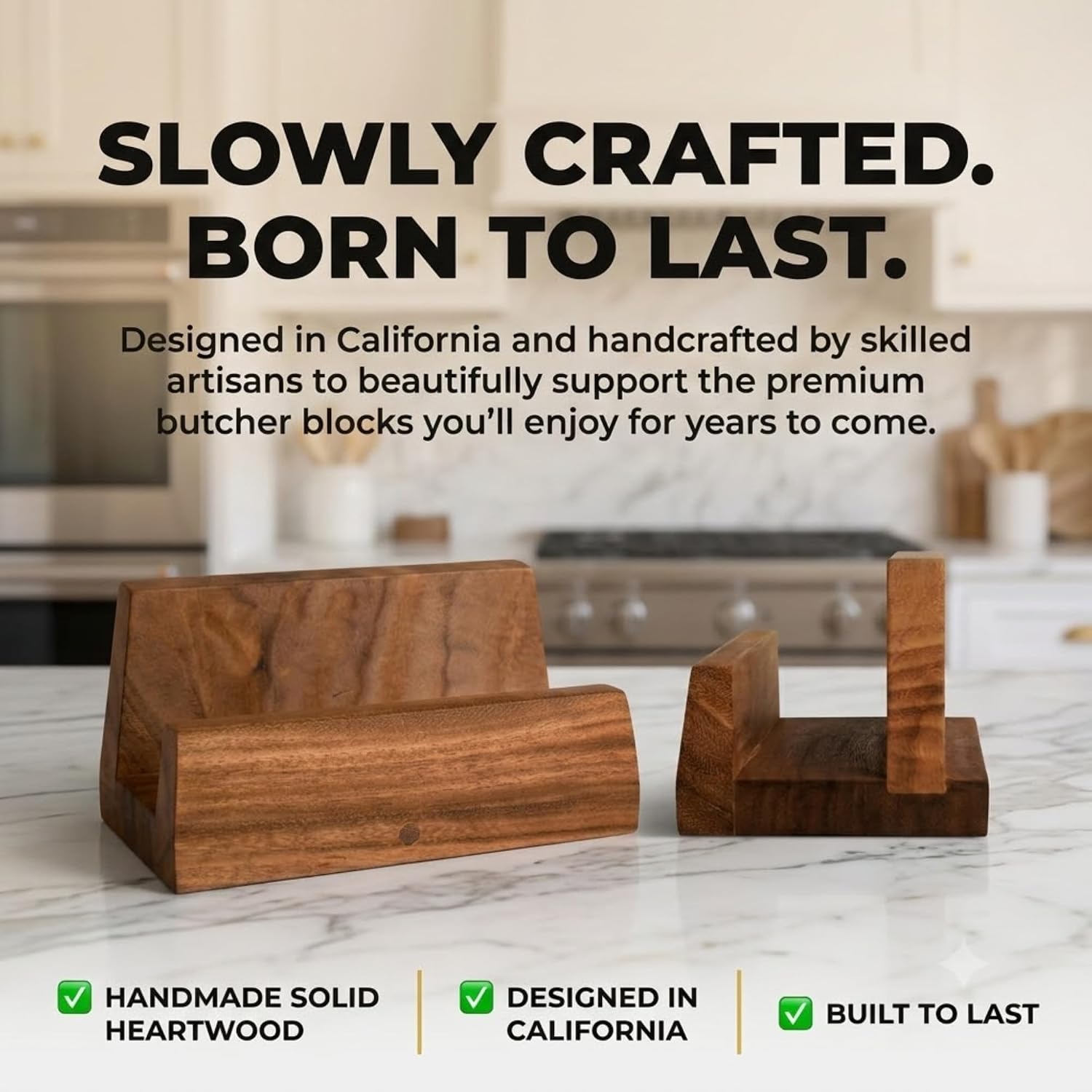 SHUMARU 2-Inch Thick Cutting Board Holder – Solid Hardwood Stand for Premium Butcher Blocks – Perfect Fit for Heavy 2" Thick Boards – Anti-Tip Countertop Organizer Holds Two 1" Boards
