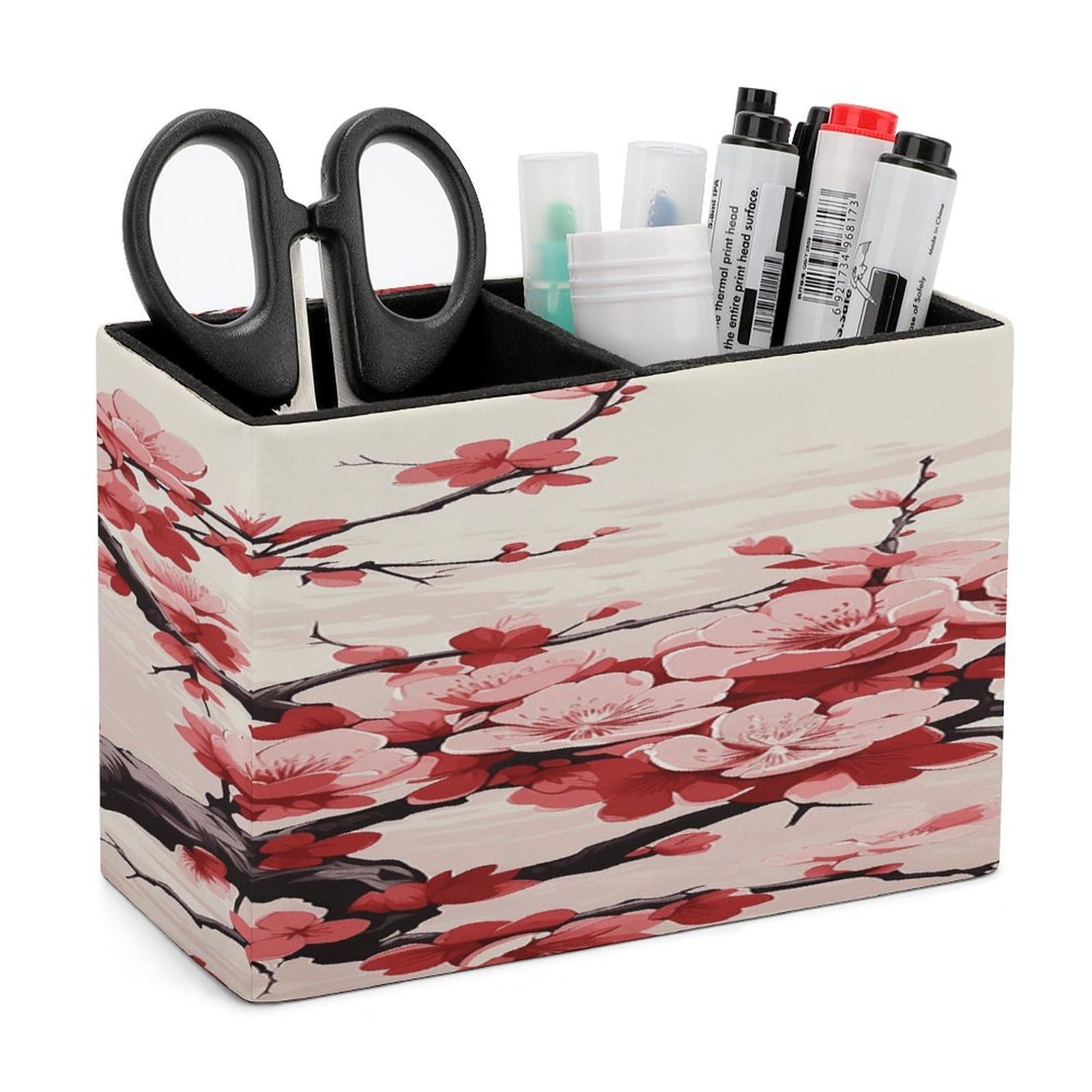 VstaDank Japanese Floral Cherry Blossom Pen Holder Double Compartments Pen Cup Fashion Makeup Brush Holders Leather Pencil Holder for Work Locker Accessories Modern Pencil Cup for Desk Organizer