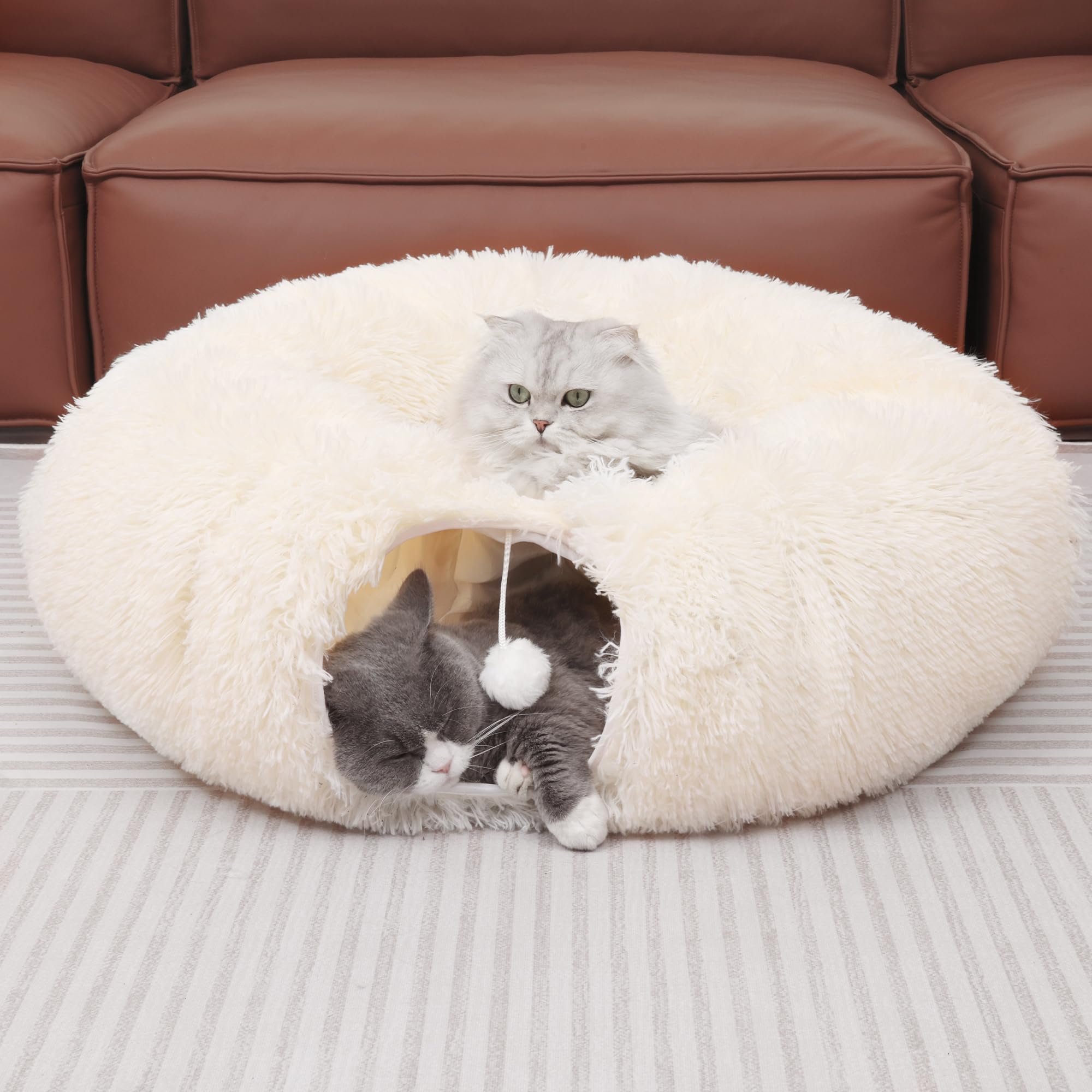 Túnel de felpa para gatos con cama para gatos de interior, túnel multifuncional para gatos pequeños, medianos y grandes, gatitos, conejos, cachorros (blanco)