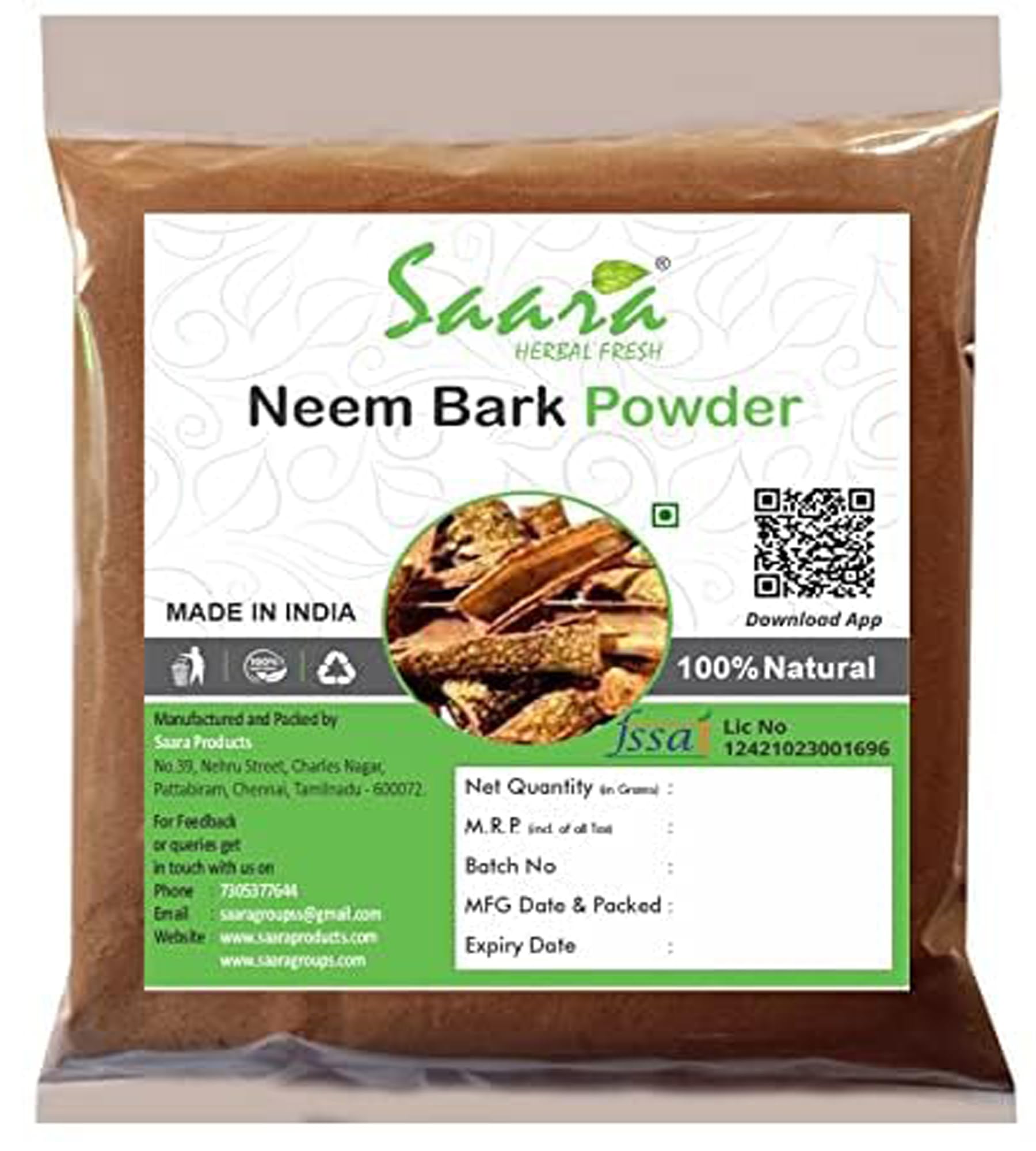 Saara HERBAL FRESH Neem Bark Powder, 50g, Neem chaal, Veppam Pattai, Nimbaka, Azadirachta Indica, Margosa Bark Powder For Teeth & Skin Care, (pack of 1 x 50g) (B08ZJ3MFN5) Amazon Price History, Amazon Price Tracker