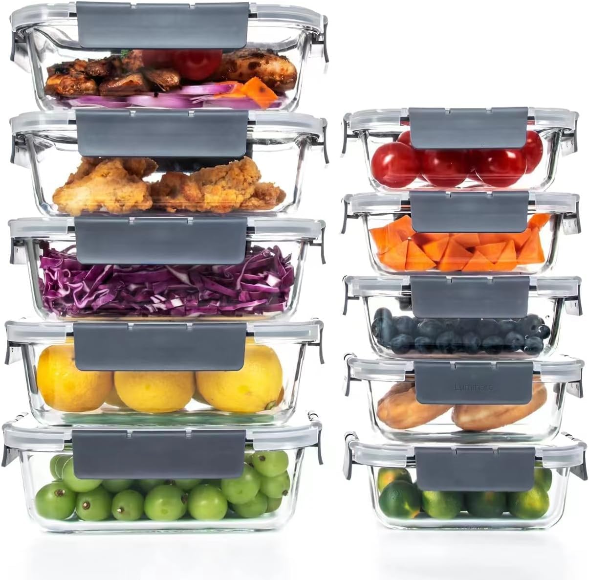 LEOM Glass Food Storage Containers Set With Airtight Lids - Meal Prep Containers - Reusable Lunch Box, Dishwasher Microwave Freezer Airfryer Oven Safe (10, Rectangular)