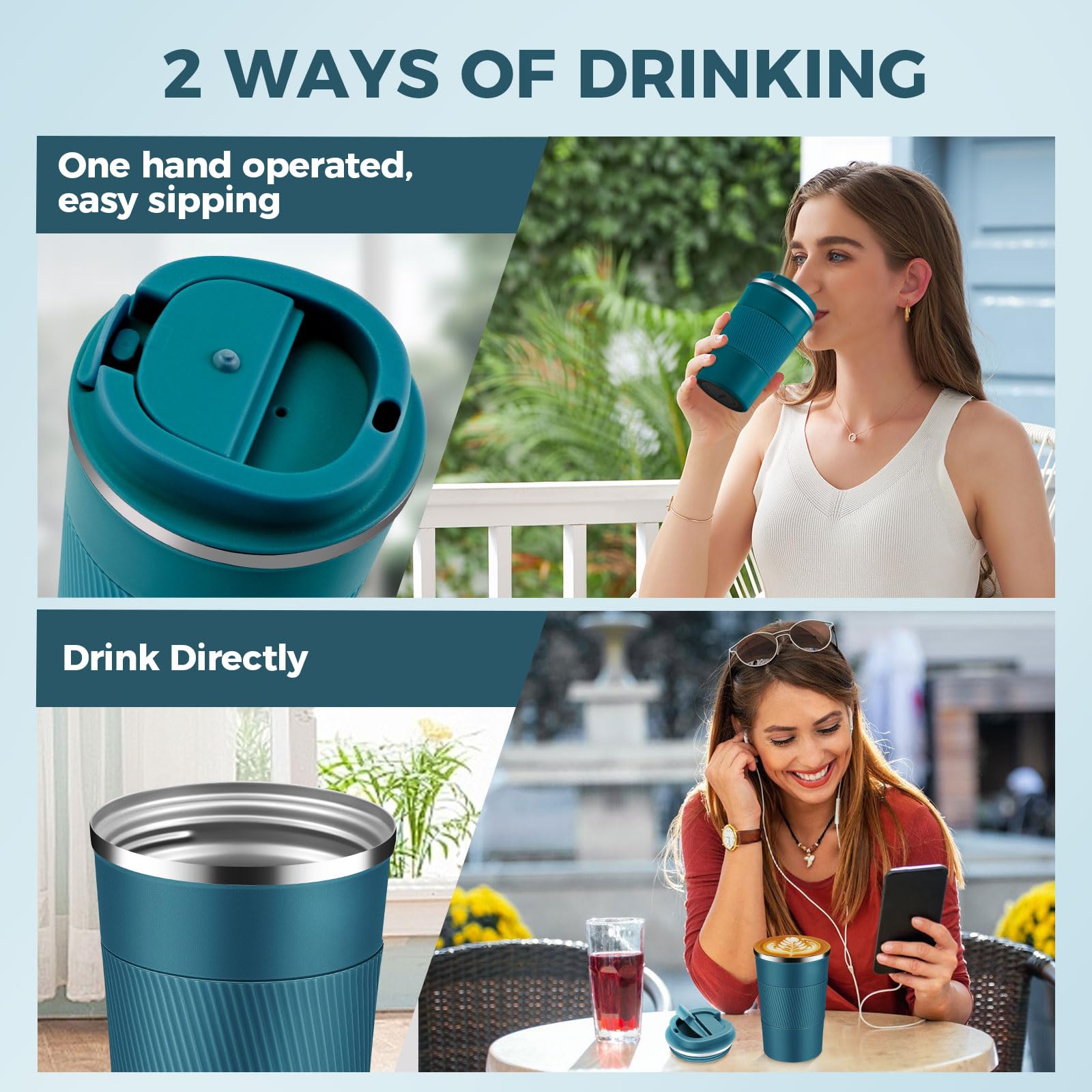 Volhoply Lot de 8 tasses à café de voyage isothermes en acier inoxydable de 390 ml avec couvercle à rabat – Tasse à café réutilisable à double paroi sous vide en métal – Gobelet portable étanche pour