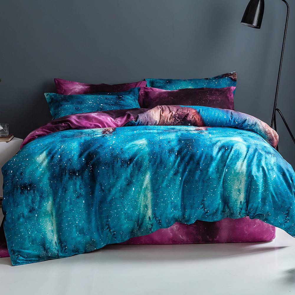 Parure de lit 4 pièces ciel étoilé en microfibre verte et violette avec housse de couette