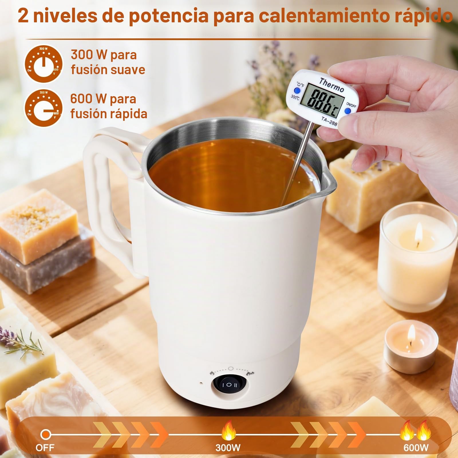 Corpower Derretidor de Cera Eléctrica para Hacer Velas, Olla de Fusión de Cera de 800 ml, Kit de Fabricación de Velas para Adultos, Kit de Mecha, Adhesivos para Mecha, Centrador y Cuchara, Termómetro