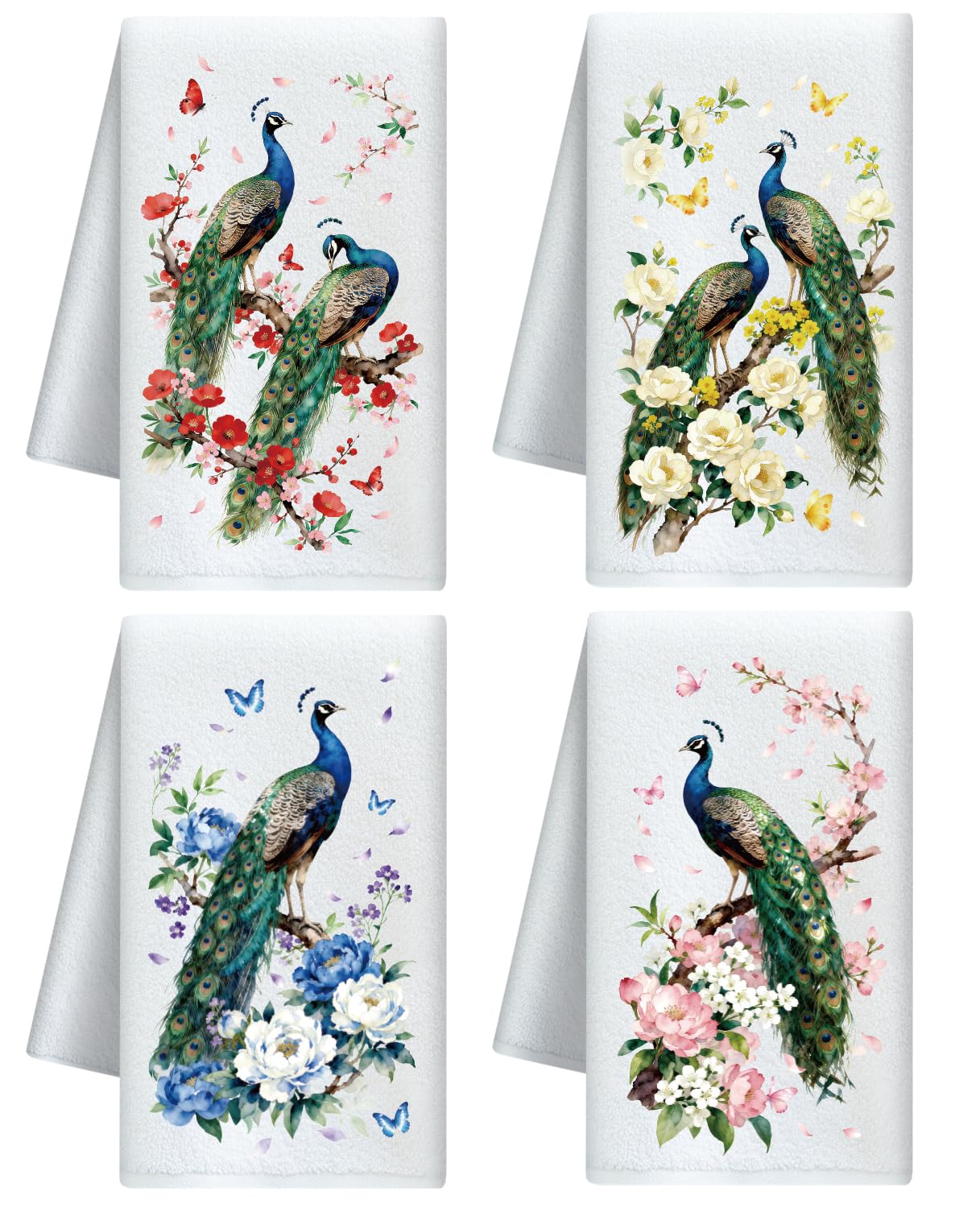 CUTHOLLOW 4Pcs Reacocks and Flowers Kitchen Towels Cute Tea Towels