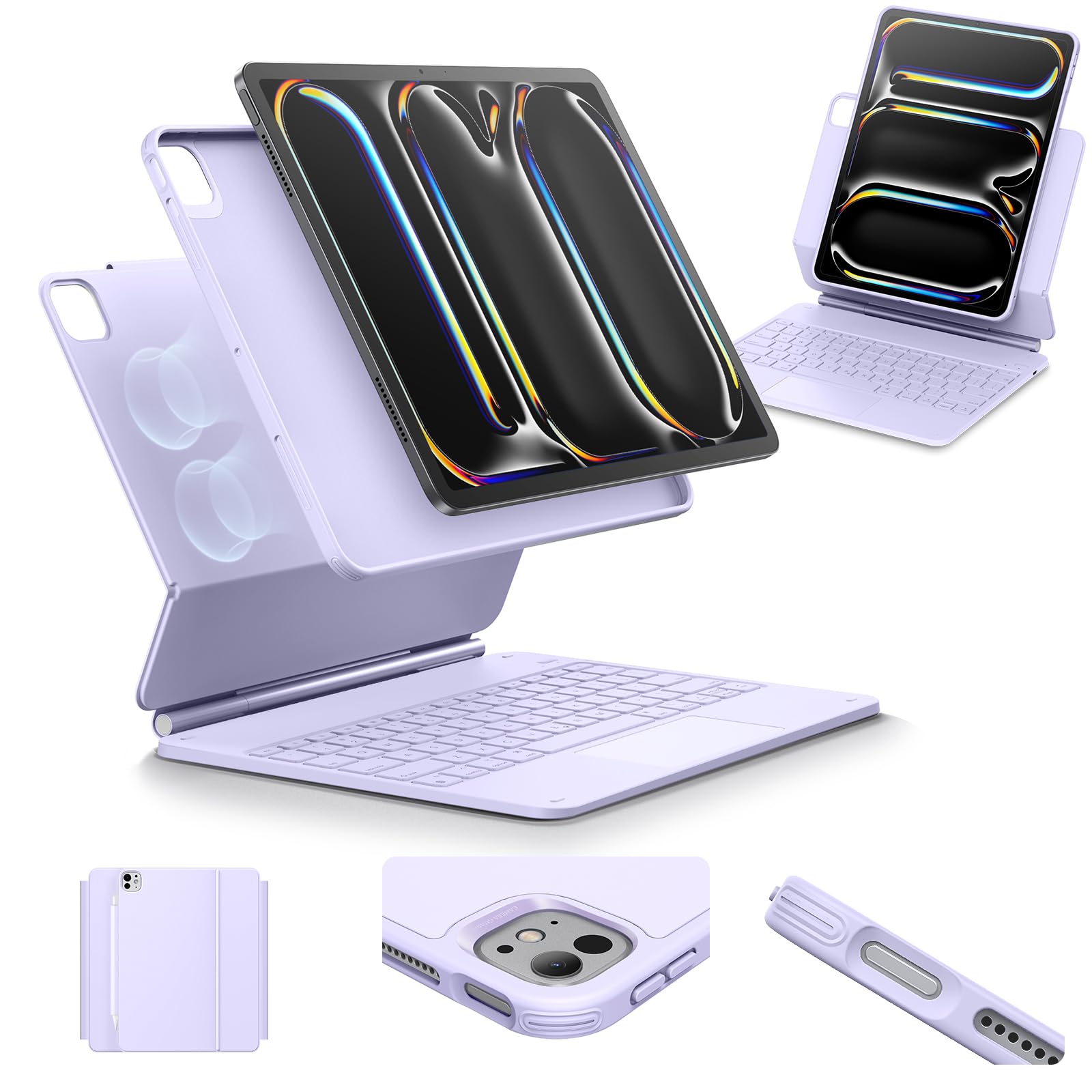 ESR iPad Pro 13 Inch Case with Keyboard (M5/M4, 2025/2024), iPad Pro 13 Keyboard Case with Easy-Set Magnetic Stand, Portrait/Raised Modes for iPad Pro 13, Removable, Rebound 360 Series, Pirple