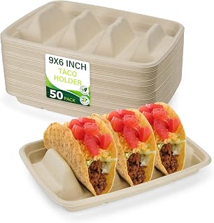 50 Pack Disposable Taco Holders with Dividers, Perfect for Taco Bar Supplies