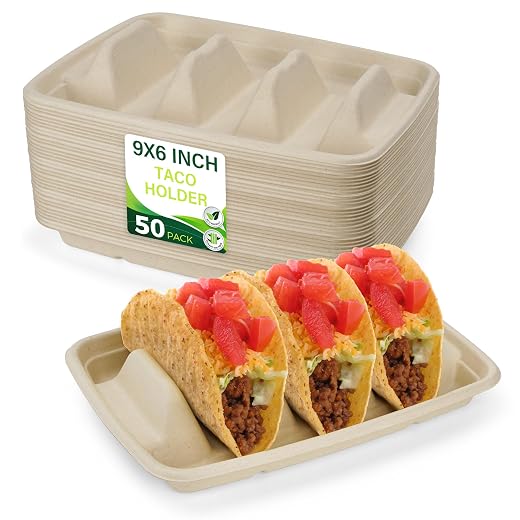 50 Pack Disposable Taco Holders, Taco Plates with Dividers Serving for Party, Taco Tray for 3 Tacos, Perfect for Taco Bar Supplies