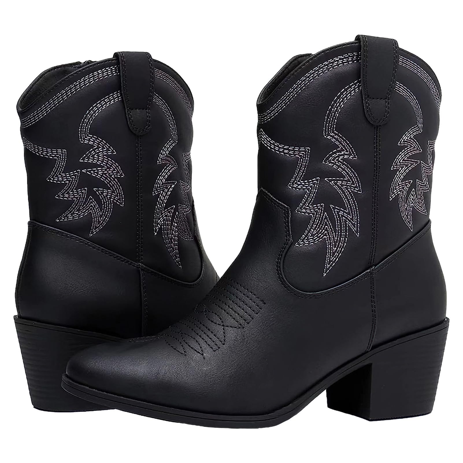 ANUFER Femmes Mi-mollet Bottes de Cow-boy Brodé Talon Bloc Fermeture éclair Latérale Chaussures Western