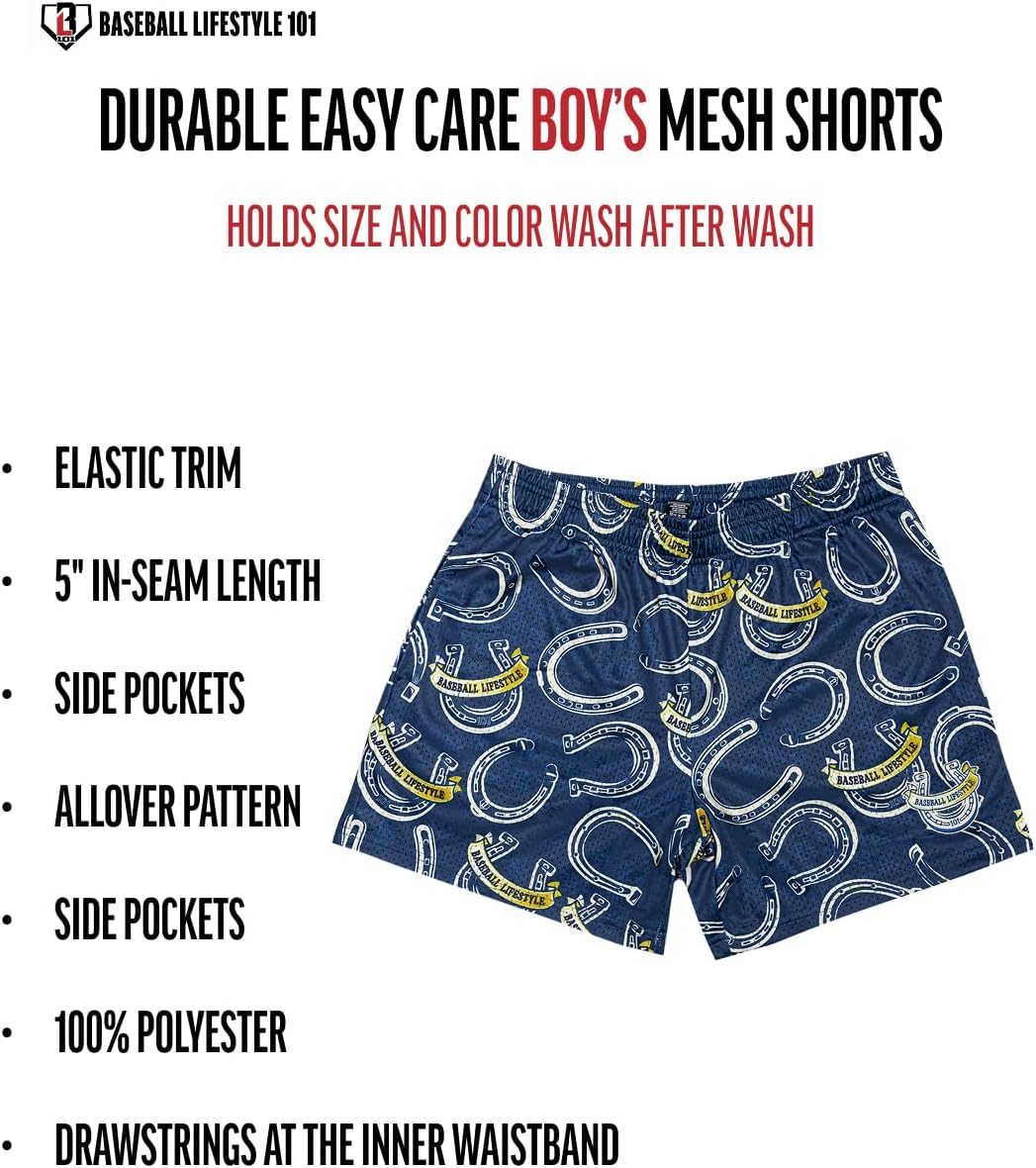 Baseball Lifestyle 101 Boy's Wild West Windup Mesh Shorts with Side Pockets and Elastic Waist, 5 in Inseam S-XL Sizes