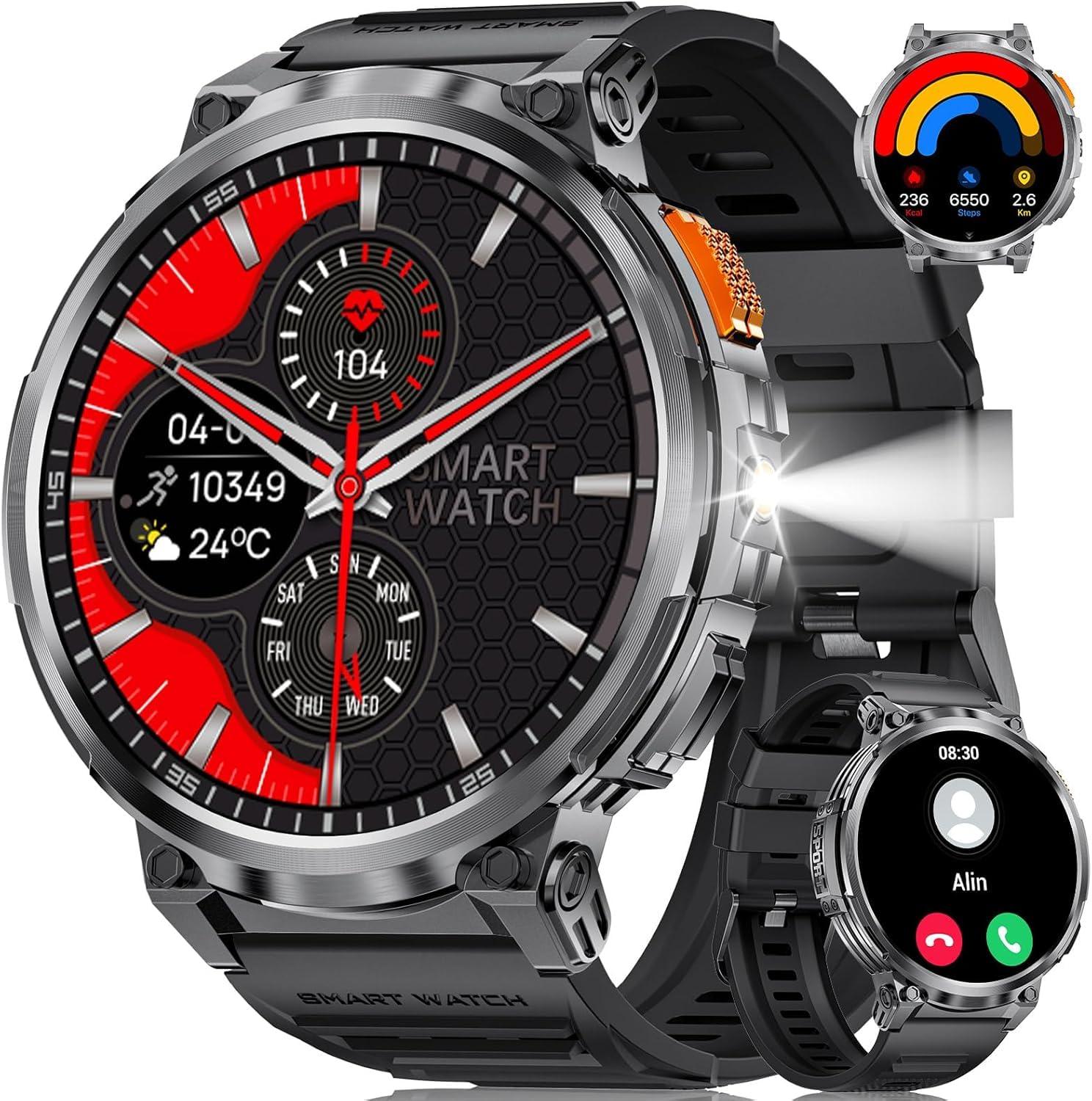 FOXBOX 1.85" IPS Ultra Grande Reloj Inteligente Hombre con LED Linterna, Militar Smartwatch para Android iOS, IP68, Llamadas, 24H Frecuencia Cardíaca, 730mAh, 110+ Deportes