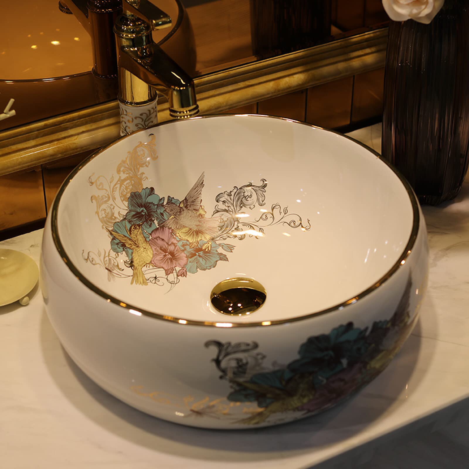 Gljtuo Countertop Basin Round Ceramic Sinks Counter Top Wash Basin Bathroom Sink Hand Wash Basin Sink
