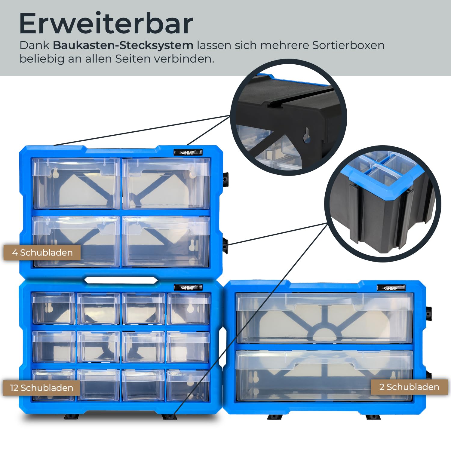 HMF Sortierbox für Kleinteile mit Schubladen, 3er Set, erweiterbarer Sortimentskasten für Schrauben und Werkzeug | 36 Fächer | 29,5 x 19,5 x 16 cm | Blau-Schwarz