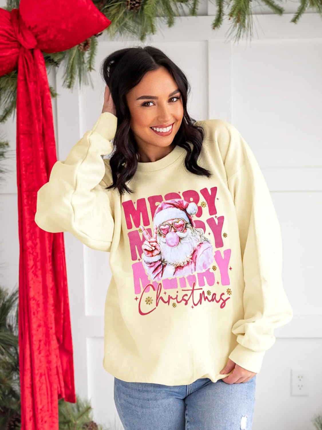 Christmas Sweatshirt for Women Vintage Santa Sweatshirt Long Sleeve Merry Christmas Pullover Tops - Image 2