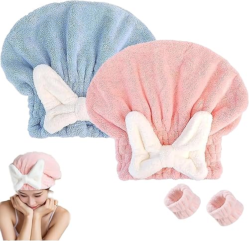 LONGLUAN Toalla de pelo súper absorbente para cabello húmedo, envoltura de cabeza de secado rápido con gorro de ducha con nudo de lazo, toalla de