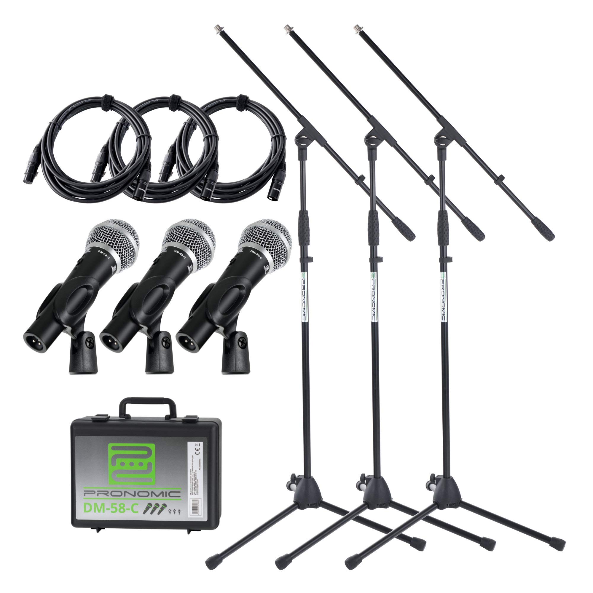 Pronomic DM-58-C Micrófono Vocal Set Inicial de 3, Cápsula: dinámica | Micrófonos universales para voz y canto, También aptos para captación de instrumentos, Sonido extremadamente equilibrado