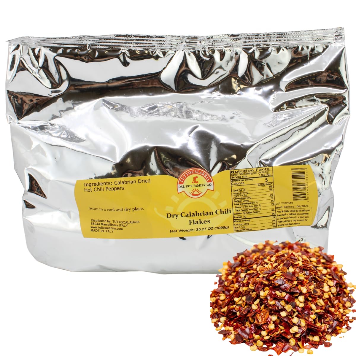 TUTTOCALABRIA 100% Certified Calabrian Crushed Chili Pepper Flakes, 1 kg (2.2 lb) Bulk Tub – Authentic Italian Peperoncino, Hot Red Pepper Flakes,