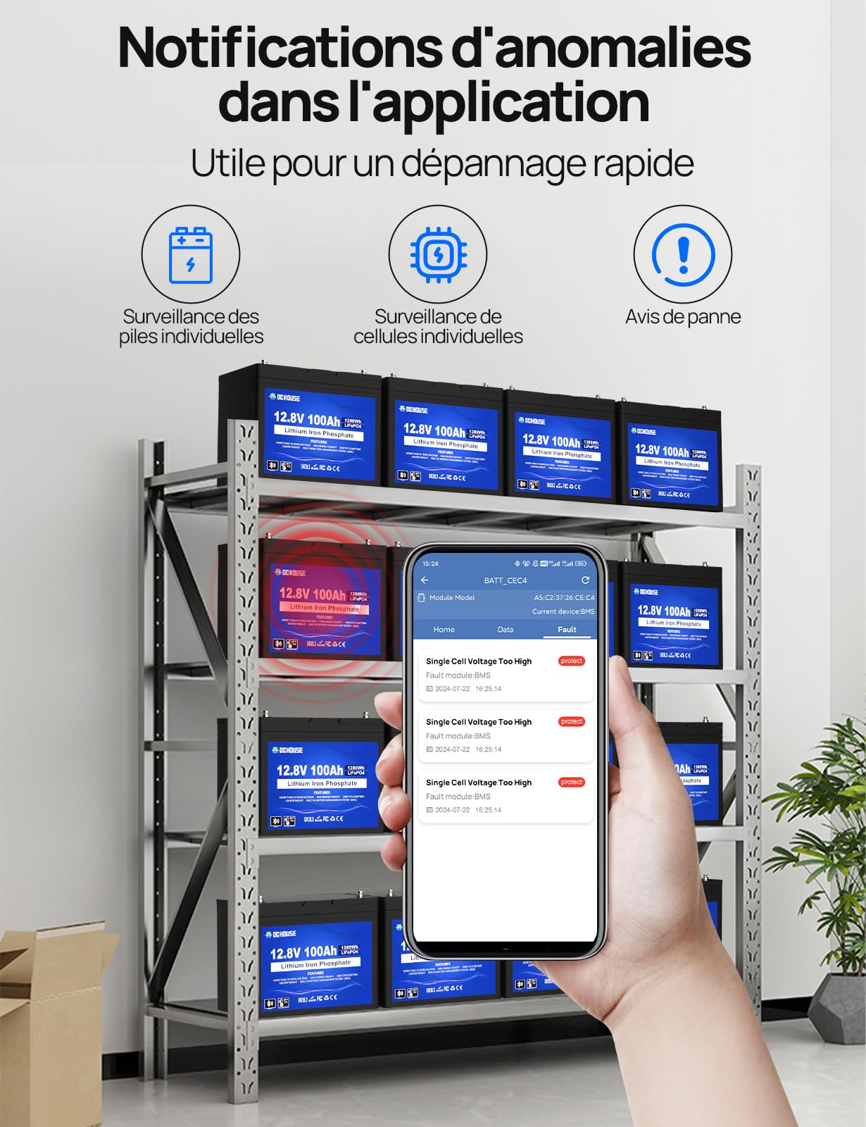 DCHOUSE 12V 100Ah LiFePO4 Bluetooth Batterie avec Chargeur 10A, Bluetooth et Coupure Basse température, BMS 100 A, idéale pour Les Moteurs de pêche à la traîne, la Marine, Solaire