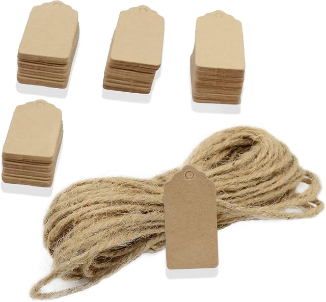 Kraft Paper Tags,100Pcs Brown Tags for Crafts,4X2 cm Gift Tags Hang Tags with 8M Jute Twine for Arts and Crafts, Wedding Christmas Thanksgiving and Holiday for Crafts & Price Tags Labels
