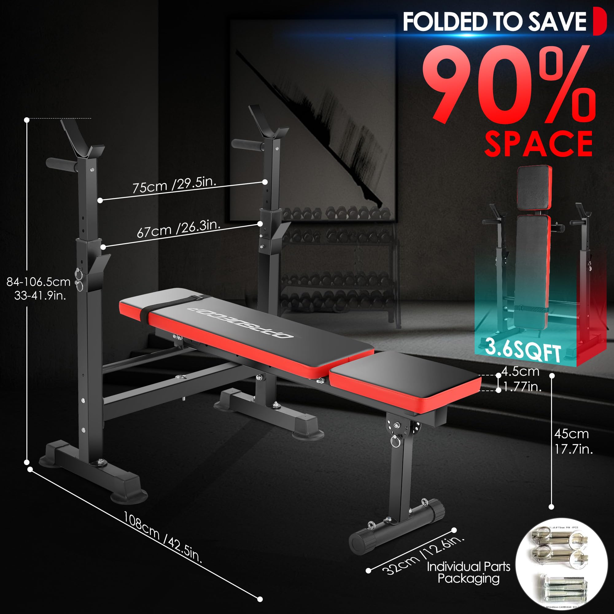 900LBS Weight Bench Set Adjustable Workout Bench for Home Gym | Bench Press, Incline Press, Squat Rack, Leg Developer, Preacher Curl Pad, Fits 6-7ft Barbells, 2-Second Fold, 38-in Rear Rack