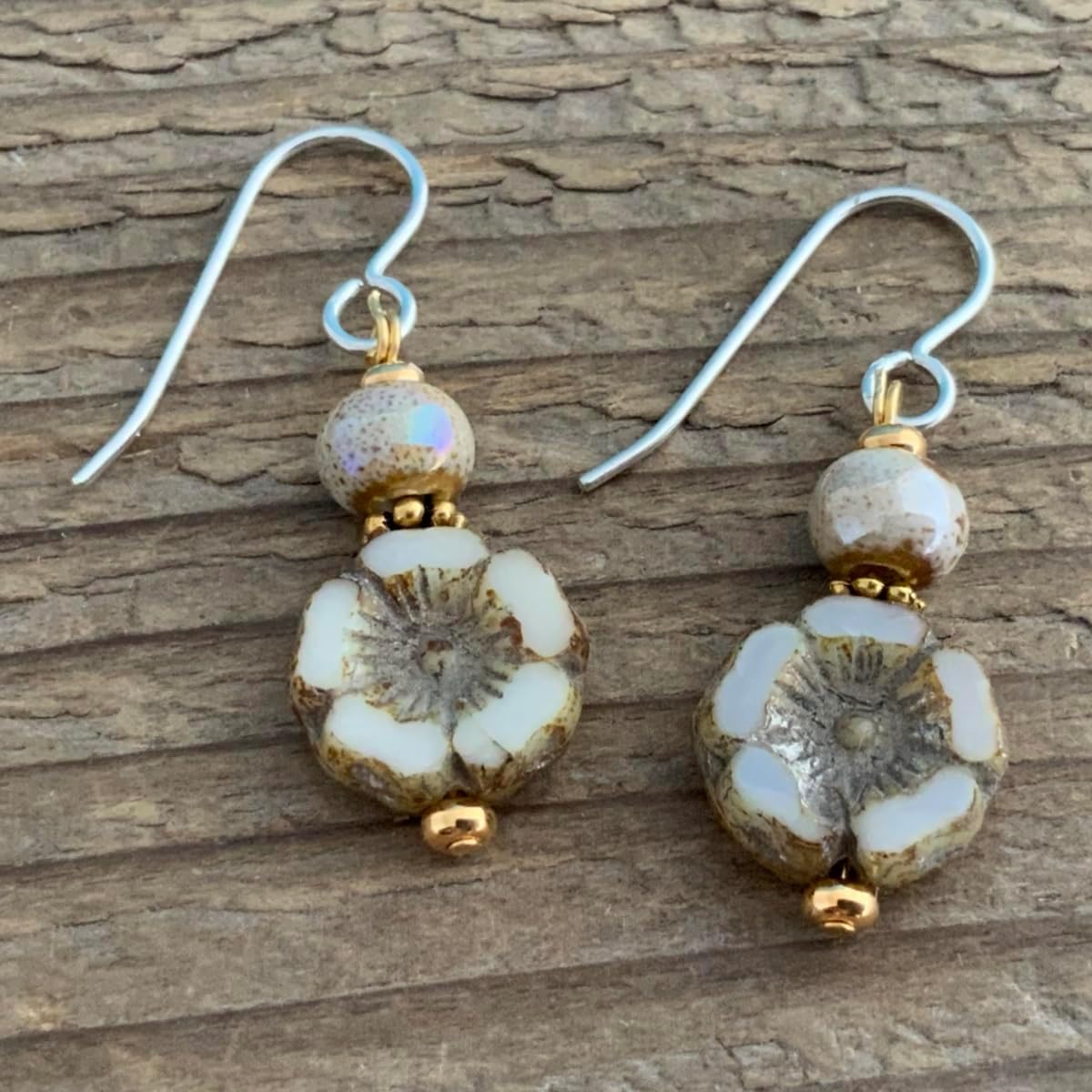 Rustic Bohemian Flower Beaded Dangle Earrings Sterling Silver Earwires Czech Glass and Porcelain Beads Off White Taupe Boho Vintage Style Jewelry for Women - Image 2