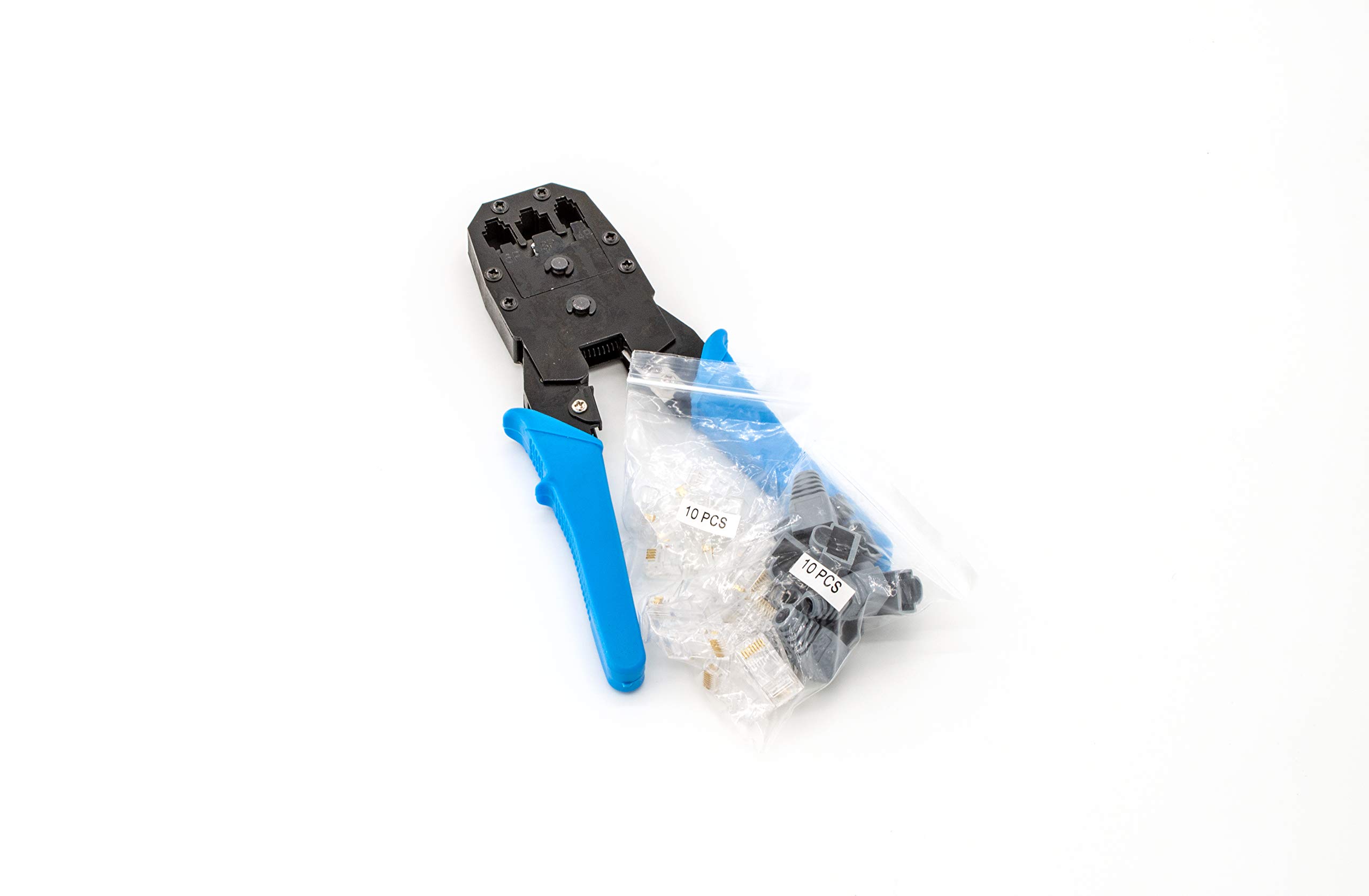 Juego de herramientas de red (incluye comprobador de red RJ45, LSA+, crimpadora, 2 pelacables, 2 x 10 conectores RJ11/RJ45 en bolsa estable, 10 piezas)