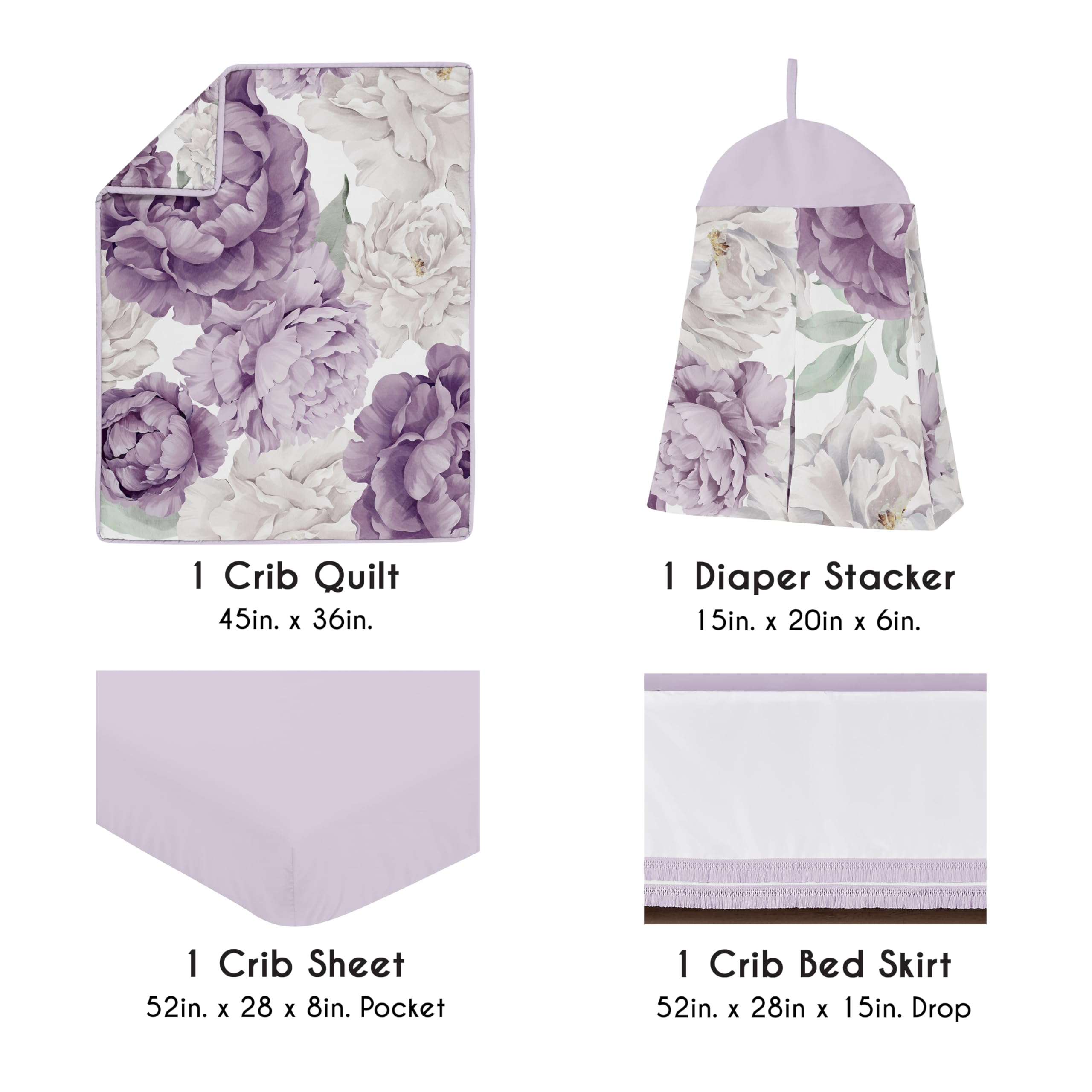 Sweet Jojo Designs Lawendowy fioletowy boho shabby chic kwiatowy dziewczęcy zestaw pościeli do łóżeczka dziecięcego niemowlę pokój dziecięcy koc dopasowane prześcieradło spódnica pielucha układacz 4