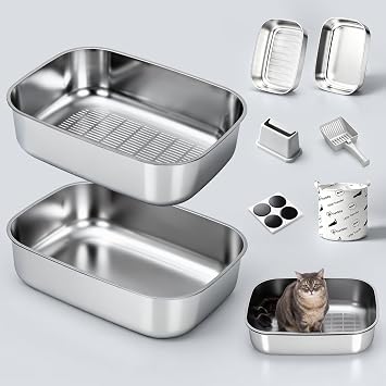 Stainless Steel Sifting Litter Box with Lid | 3-Second Cleanup, No Scooping Needed ,Premium Stainless Steel, Odor & Non-Stick,High-Density Sifting, Saves 30% Litter