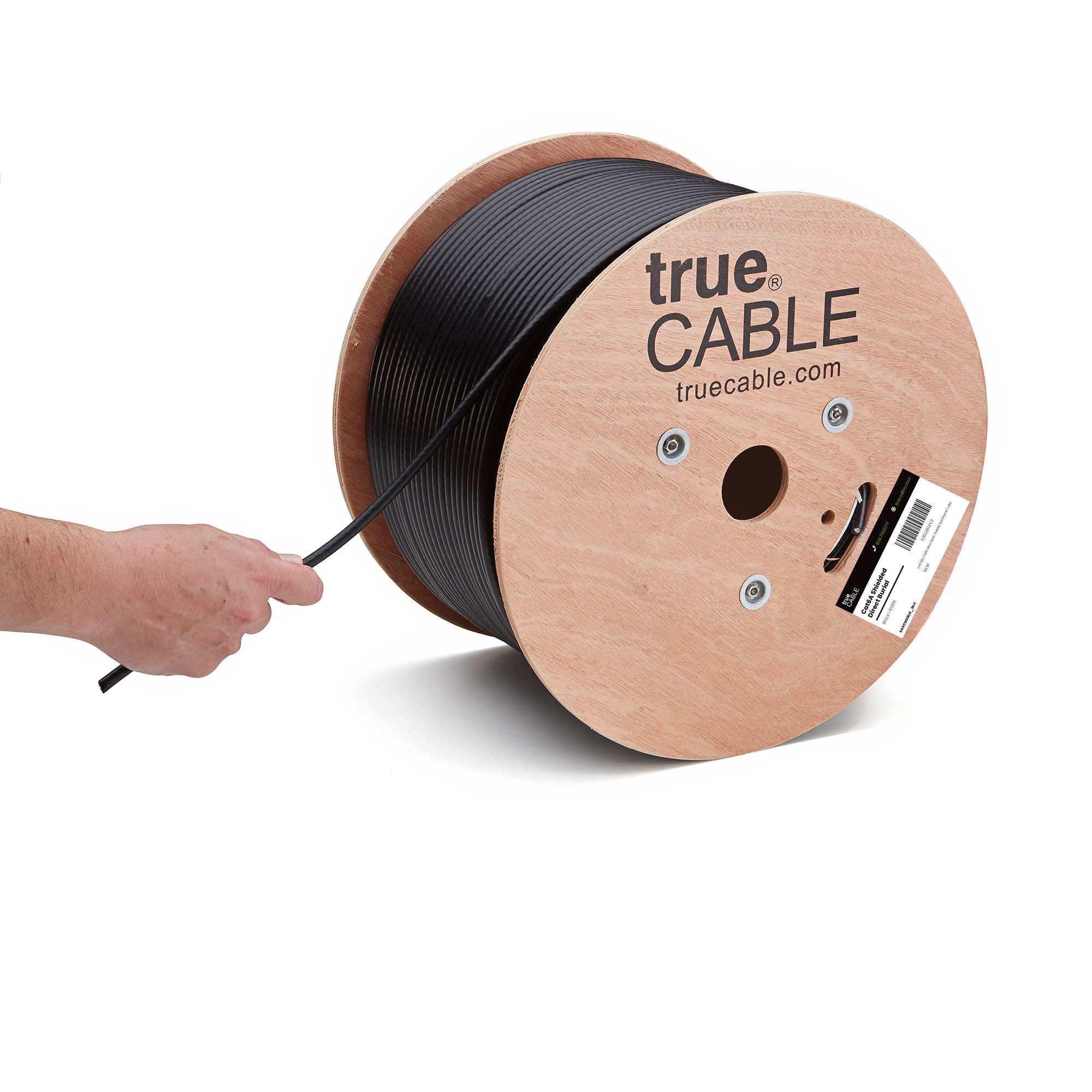 TRUE CABLE Cat6A Direct Burial Bulk Ethernet Cable, Shielded F/UTP,1000ft, Black, Waterproof, Outdoor OSP Jacket, 23AWG Solid Bare Copper, 750MHz, PoE++ 100W