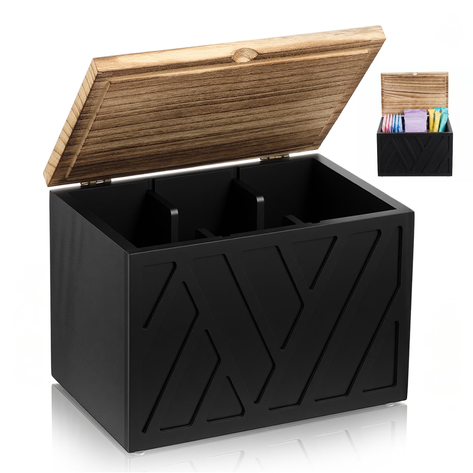 WAMEITF Tampon Holder for Bathroom,Wood Feminine Product Organizer with Lid and 3 Compartments,Pad Container Box and Tampon Organizer for Toilet Bathroom Accessories(Black)
