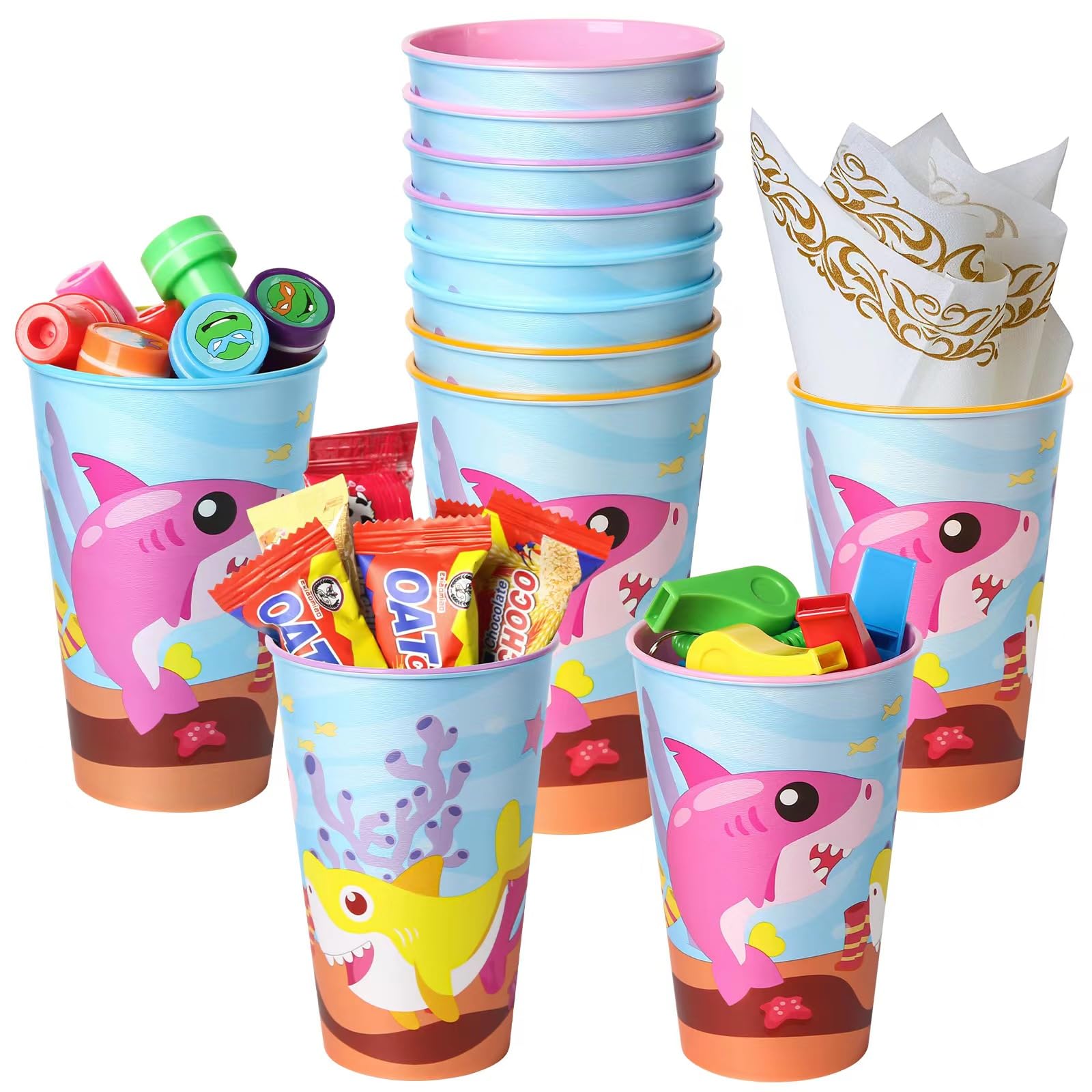 Lidmada16oz Shark Party Favors Goodie Cups, Reusable Ocean Plastic Cups for Under the Sea Themed Birthday Party Supplies Decorations for Baby Kids Adults, 12pcs in 4 Colors