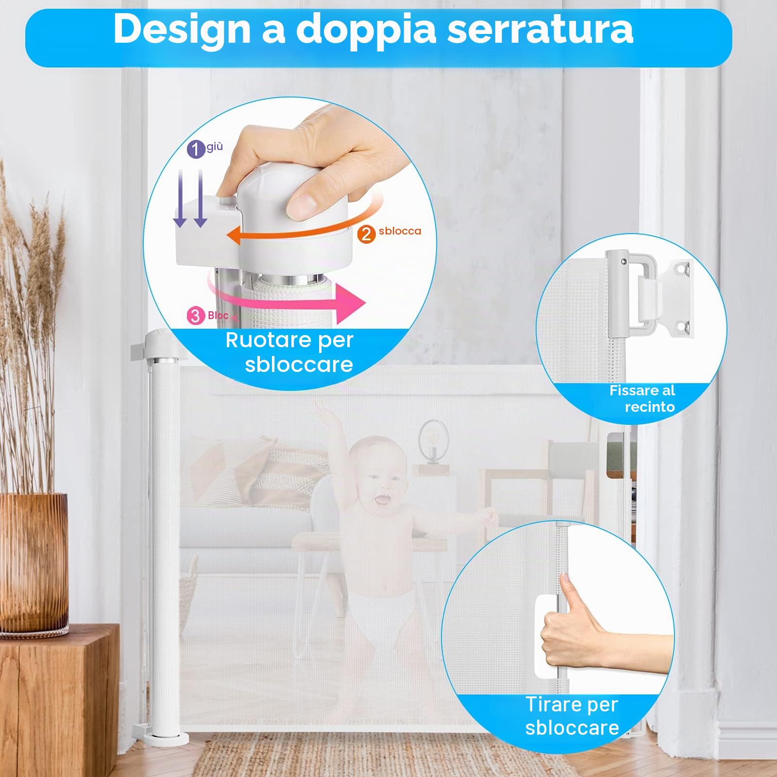 LARS360 Griglia di protezione per porta estensibile da 0 a 150 cm, per scale, altezza 87 cm, per bambini, utilizzabile con una sola mano, per interni ed esterni, colore bianco