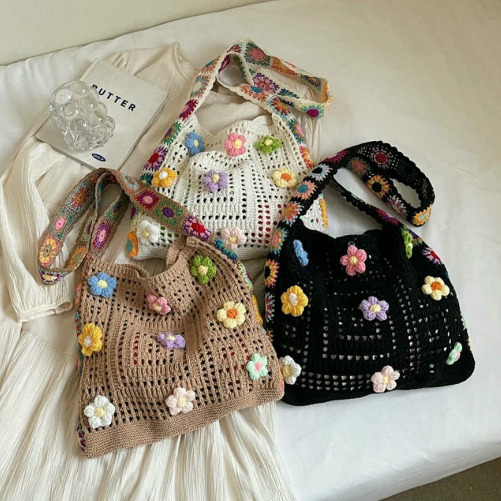 Borse Borsa all'Uncinetto Boho Femminile, A Maglia Designer Floreale, per Spalla Intrecciata in Spiaggia Estiva di Grande capacità-Beige con Fiori
