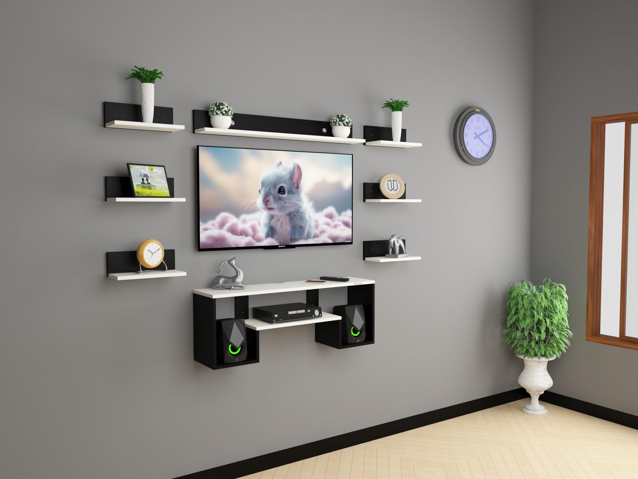 Erawud Koloff Engineered Wood TV Entertainment Unit Set Top Box Stand, Mounted TV Unit - Ideal for Upto Size 32 inch (Black & White) Color may vary slightly-image-45