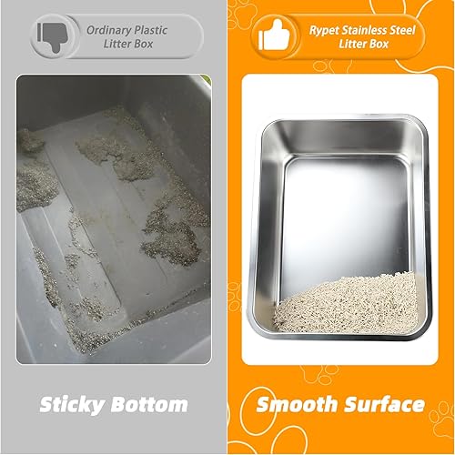 Miniatura 7 de Rypet Juego de 2 cajas de arena de acero inoxidable, bandeja de arena de metal a prueba de óxido, caja de arena duradera para gatitos con 2 cucharas