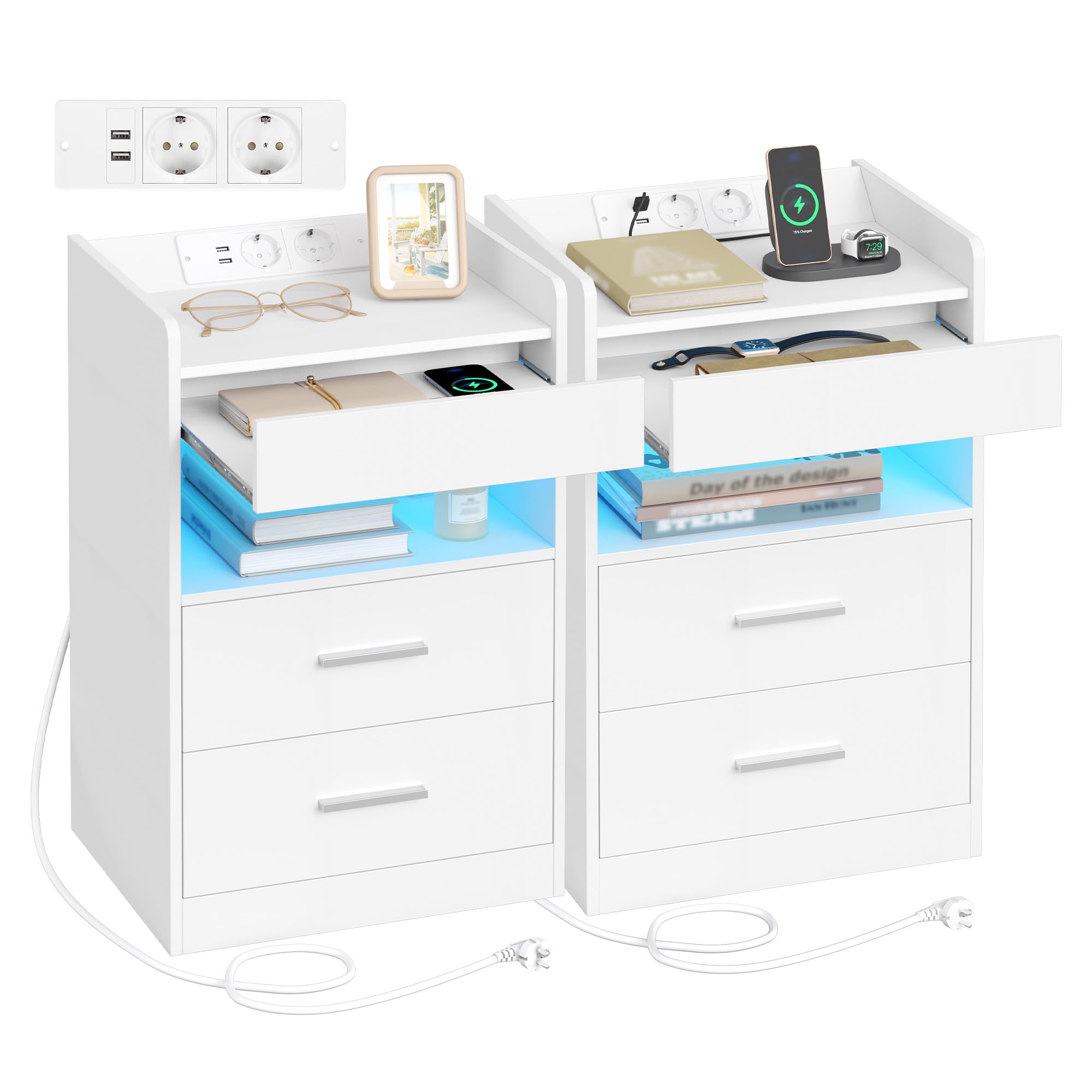 Hzuaneri Comodino Set di 2, Comodini Camera da Letto con Luce LED e Stazione di Ricarica, 2 Cassetti, Tavolino con vassoio, 35 x 40 x 60 cm, Soggiorno, Bianco NS33603XEU