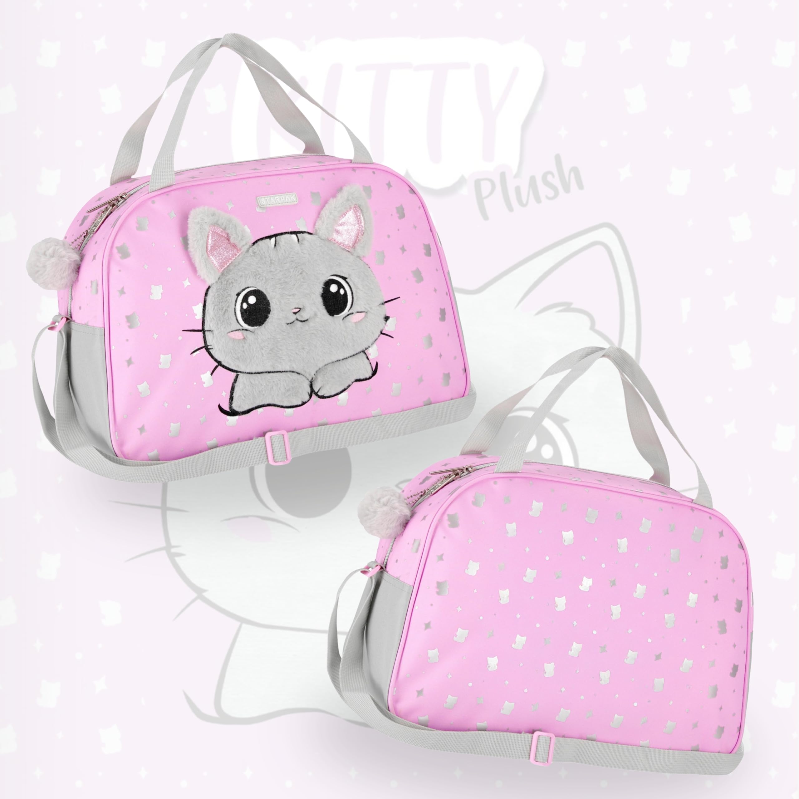 Borsa da viaggio per ragazza gatto, borsa rosa per educazione fisica, viaggio, sportiva, tracolla 39x27x16 cm (Rosa Gattino)