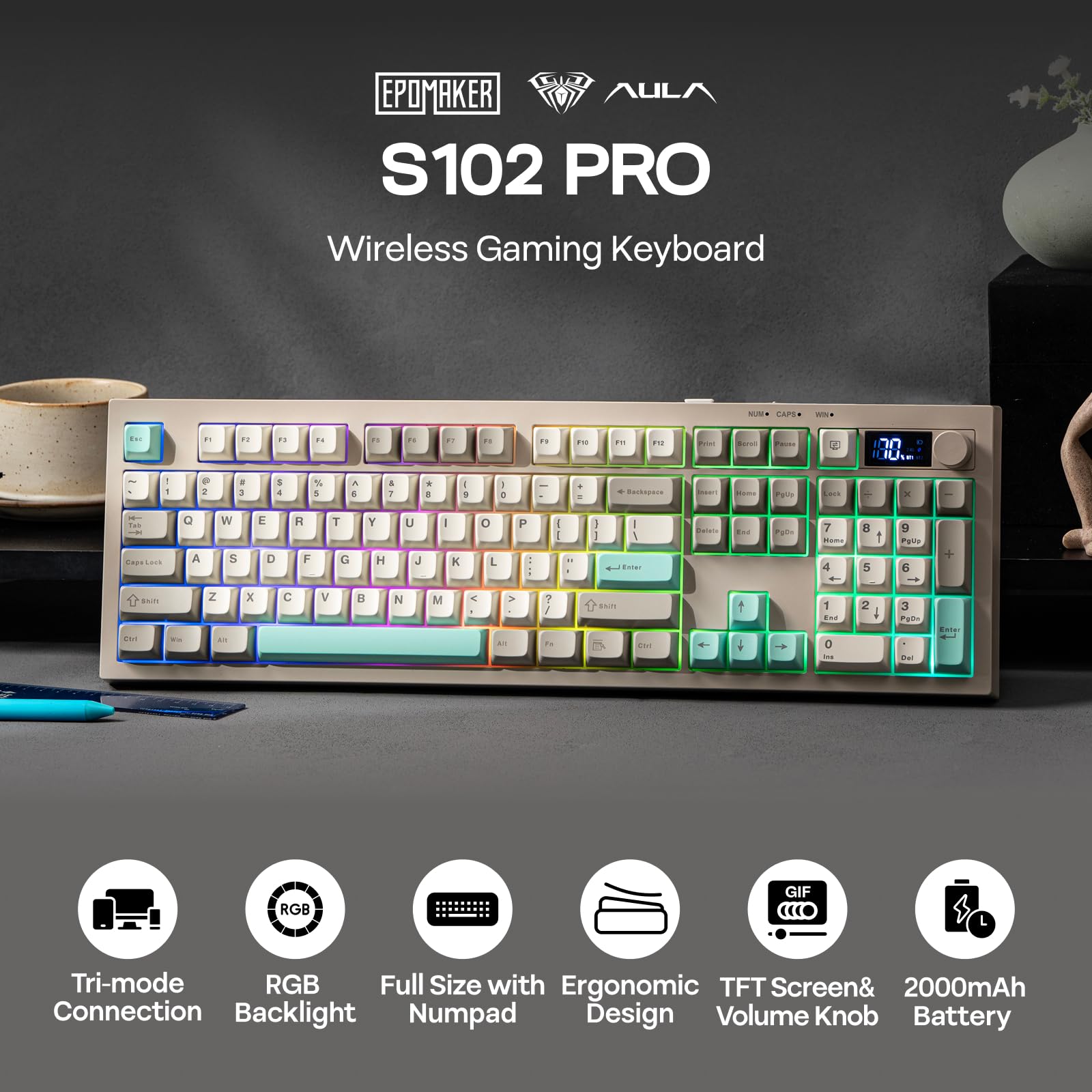 EPOMAKER Aula S102 Pro Teclado Silencioso para Juegos de Membrana con Pantalla TFT, Control de Volumen&Teclado Numérico, BT/2.4G/USB, RGB, Estructura de Silicona Suave, para Gaming/Oficina (Gris) — view 2